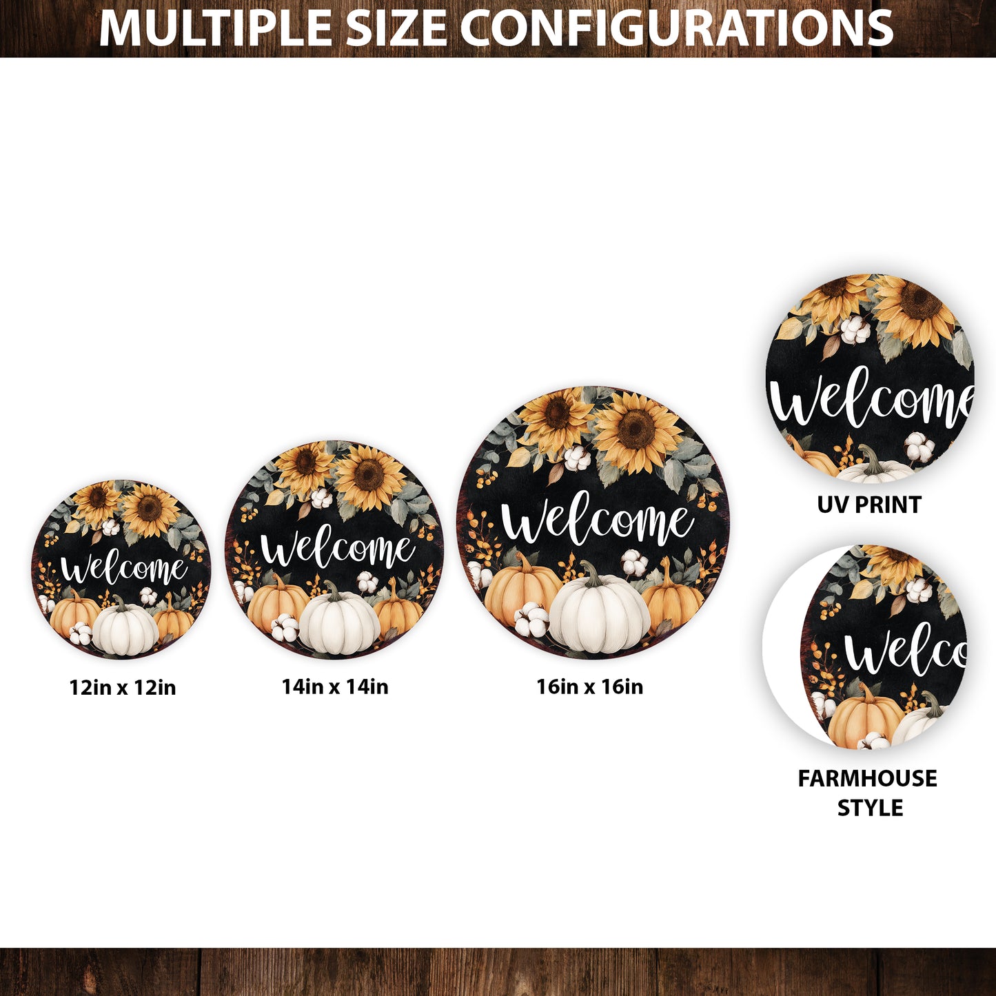 Welcome Fall Door Hanger – UV Print Round Wood Sign with Sunflowers & Pumpkins, Rustic Decor for Entry or Porch, 12–16in