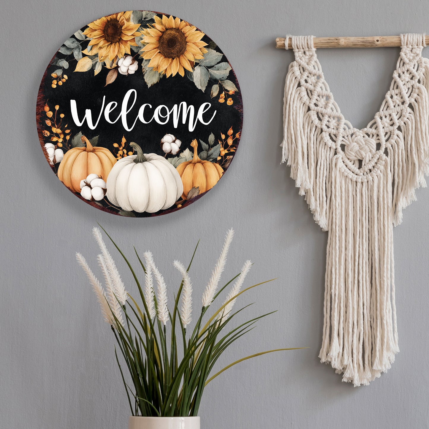 Welcome Fall Door Hanger – UV Print Round Wood Sign with Sunflowers & Pumpkins, Rustic Decor for Entry or Porch, 12–16in