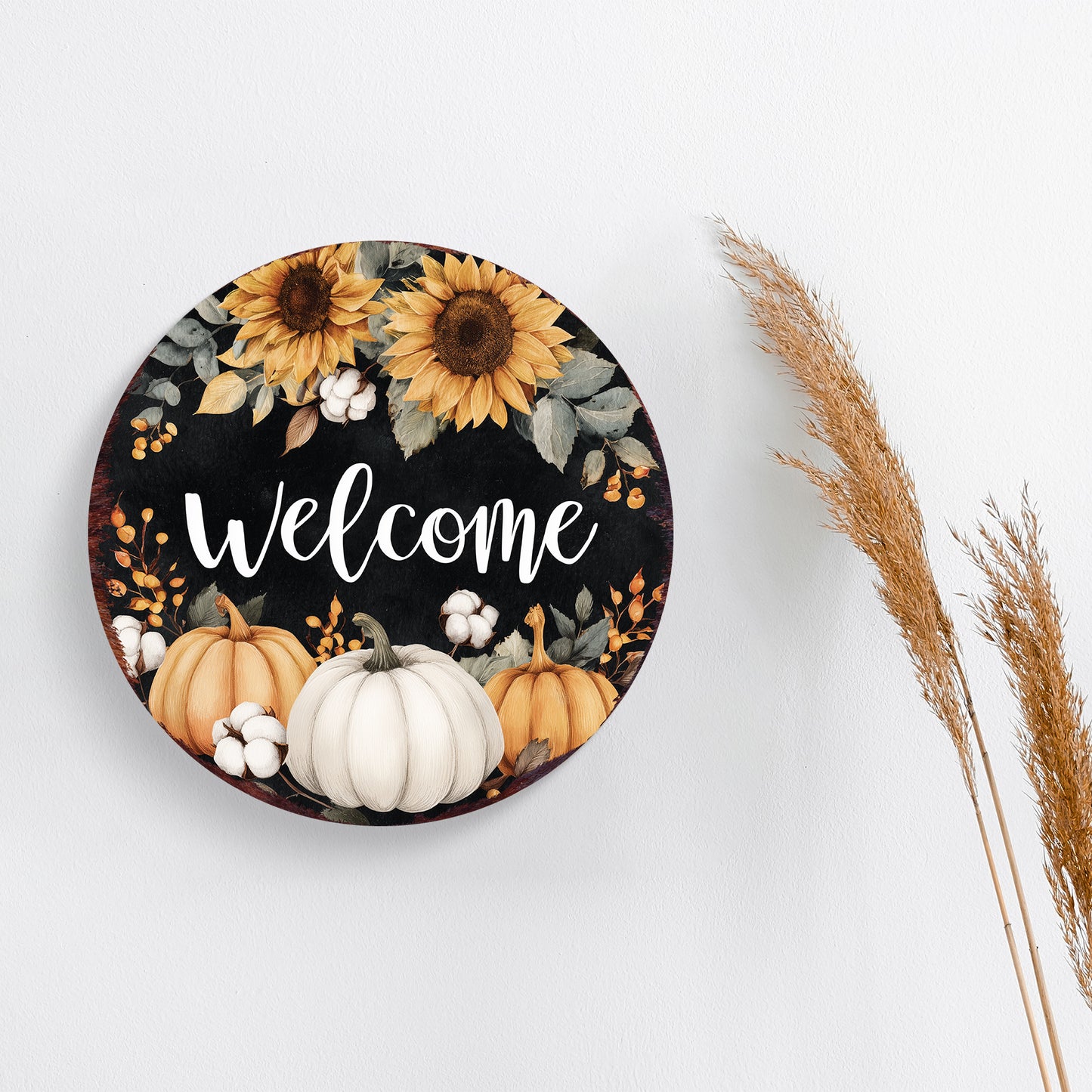 Welcome Fall Door Hanger – UV Print Round Wood Sign with Sunflowers & Pumpkins, Rustic Decor for Entry or Porch, 12–16in