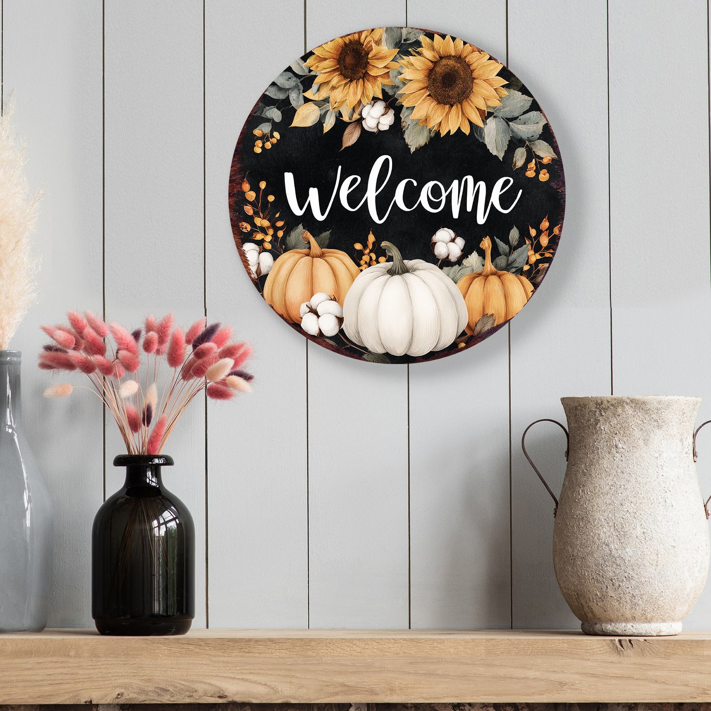 Welcome Fall Door Hanger – UV Print Round Wood Sign with Sunflowers & Pumpkins, Rustic Decor for Entry or Porch, 12–16in