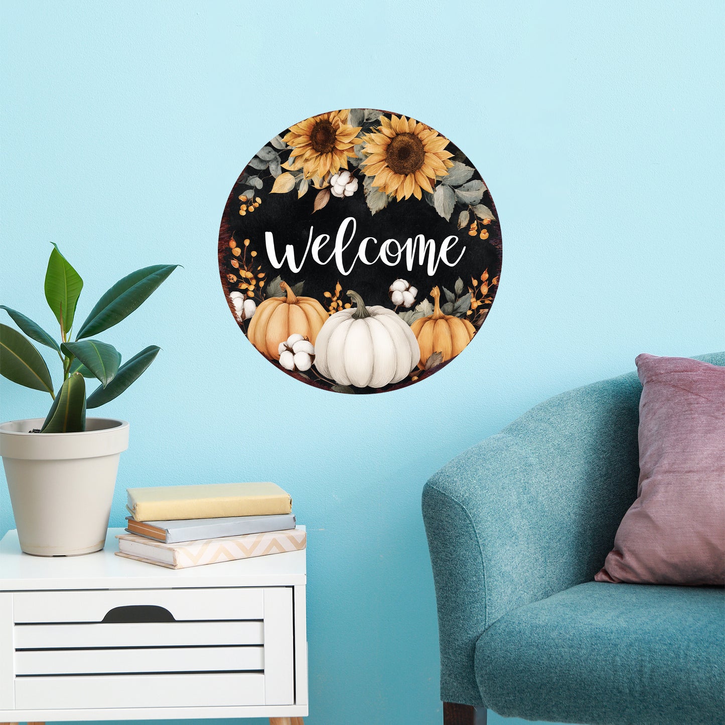 Welcome Fall Door Hanger – UV Print Round Wood Sign with Sunflowers & Pumpkins, Rustic Decor for Entry or Porch, 12–16in