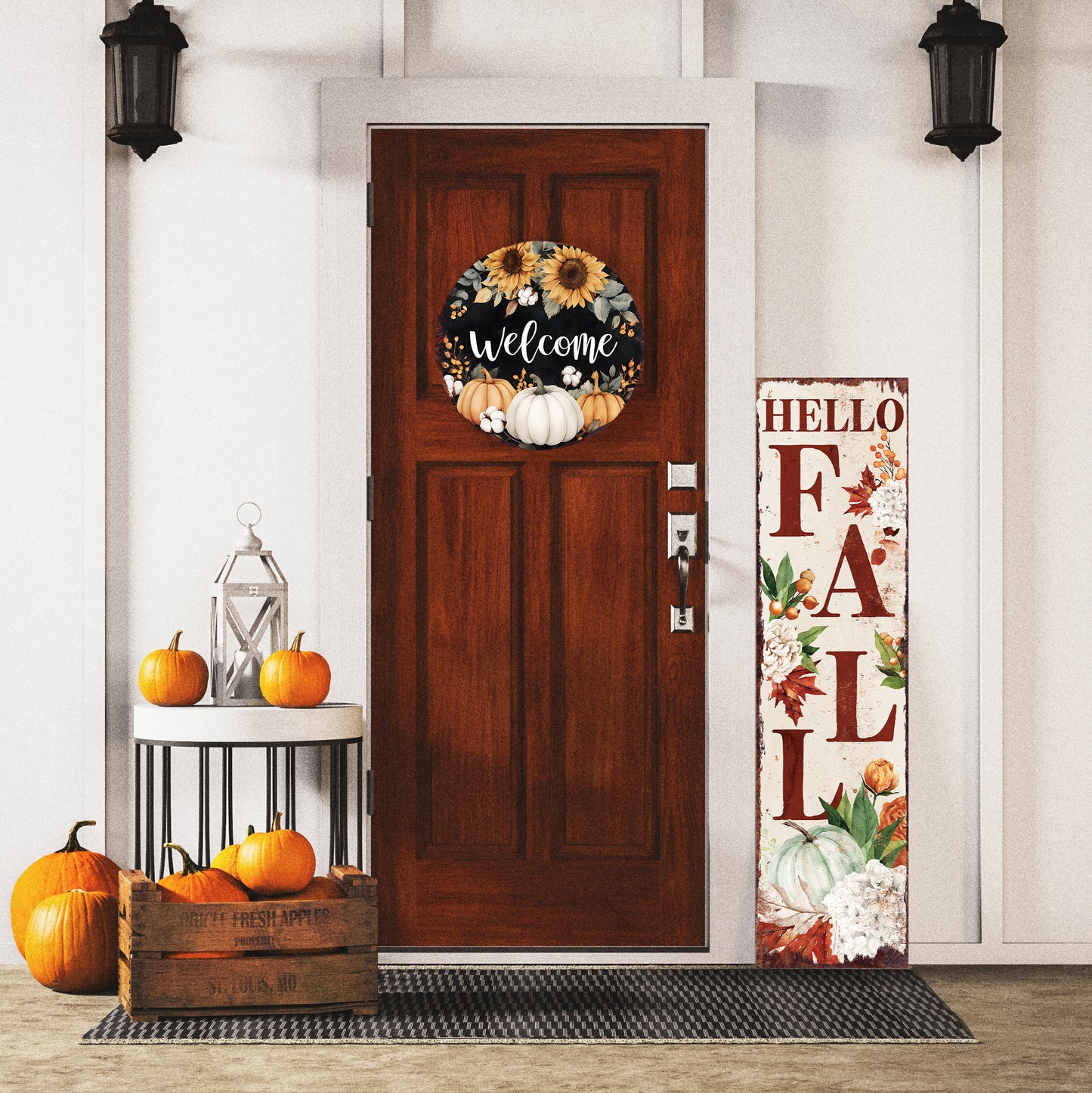 Welcome Fall Door Hanger – UV Print Round Wood Sign with Sunflowers & Pumpkins, Rustic Decor for Entry or Porch, 12–16in