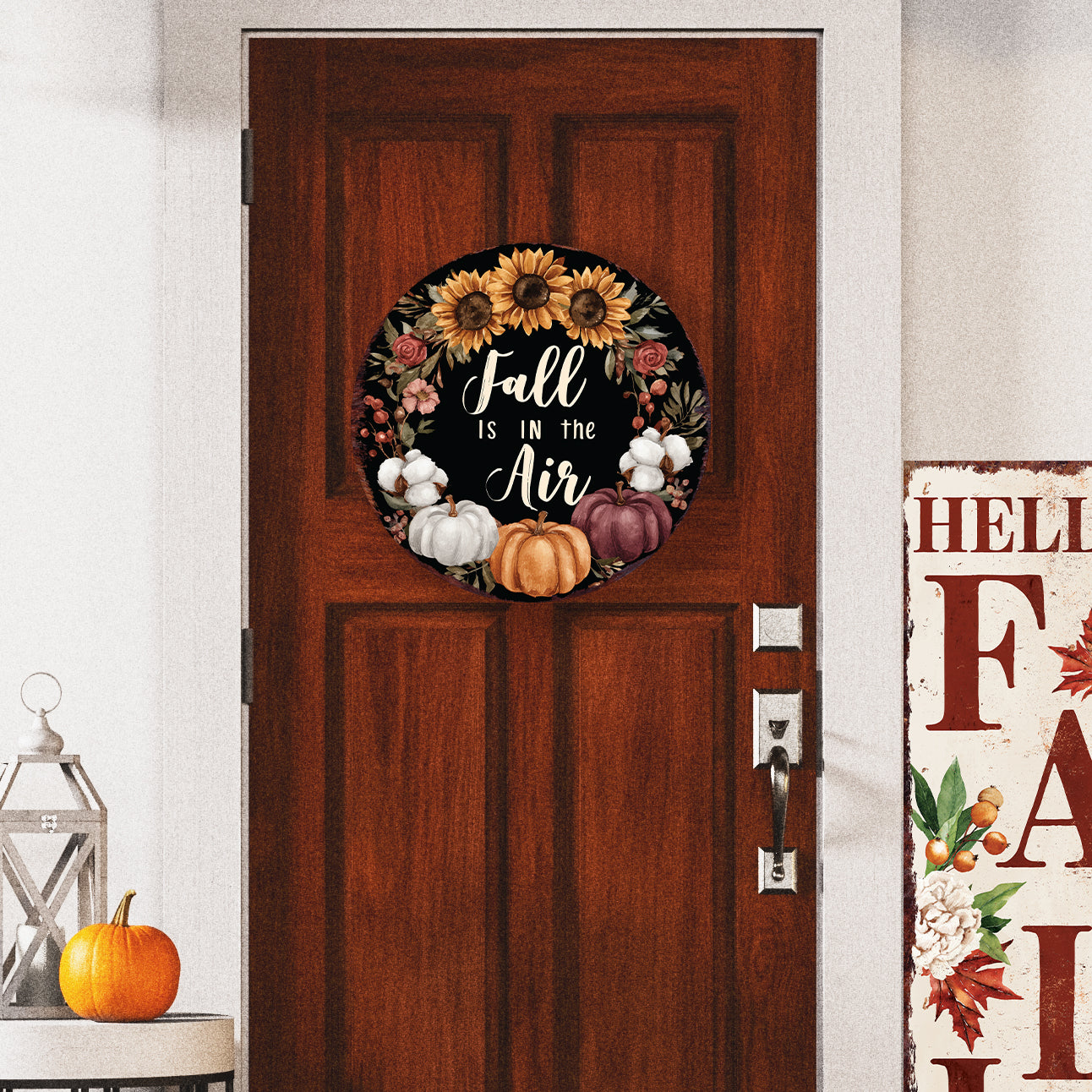 Fall Is in the Air Door Hanger – 12–16in Round Wood Sign, UV Print Autumn Pumpkin Sunflower Decor for Front Door or Wall