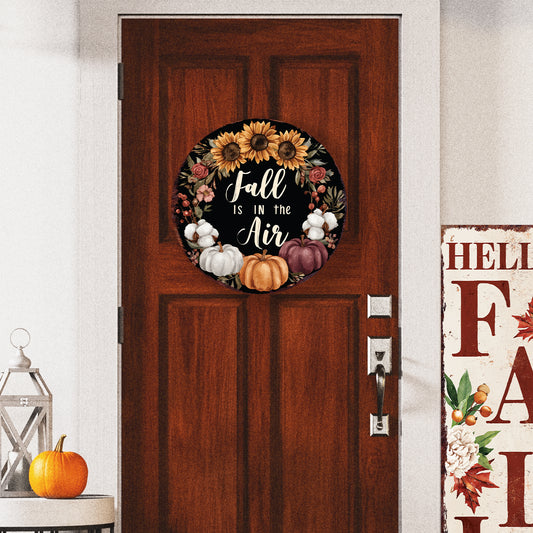 Fall Is in the Air Door Hanger – 12–16in Round Wood Sign, UV Print Autumn Pumpkin Sunflower Decor for Front Door or Wall