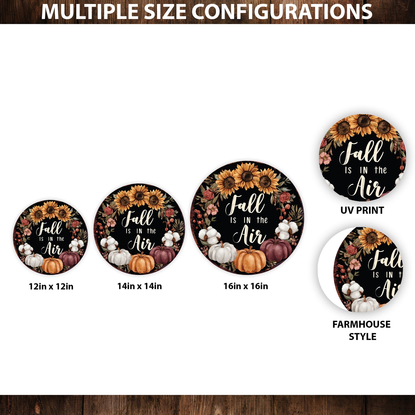 Fall Is in the Air Door Hanger – 12–16in Round Wood Sign, UV Print Autumn Pumpkin Sunflower Decor for Front Door or Wall