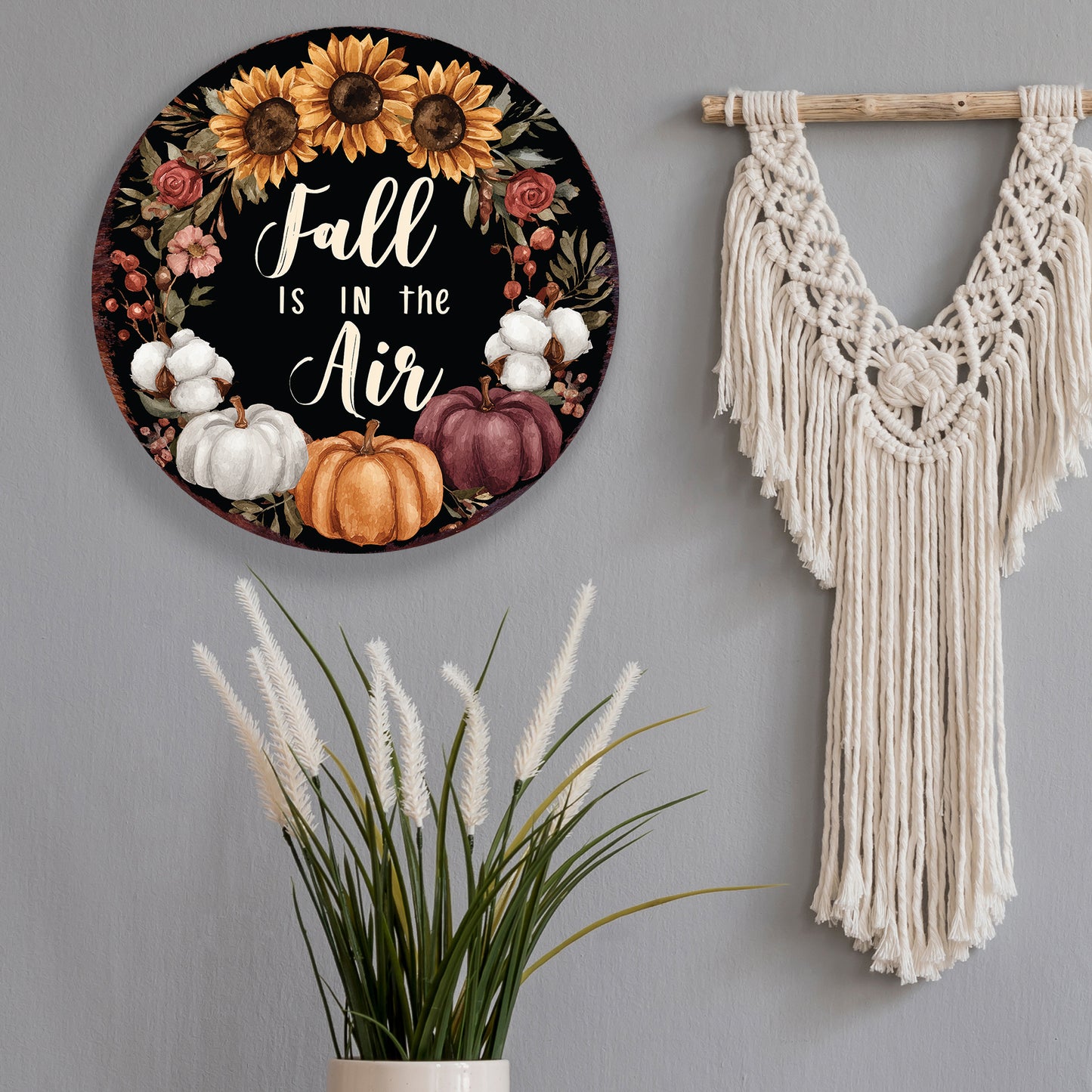 Fall Is in the Air Door Hanger – 12–16in Round Wood Sign, UV Print Autumn Pumpkin Sunflower Decor for Front Door or Wall