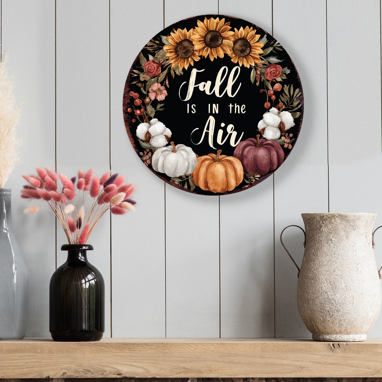 Fall Is in the Air Door Hanger – 12–16in Round Wood Sign, UV Print Autumn Pumpkin Sunflower Decor for Front Door or Wall