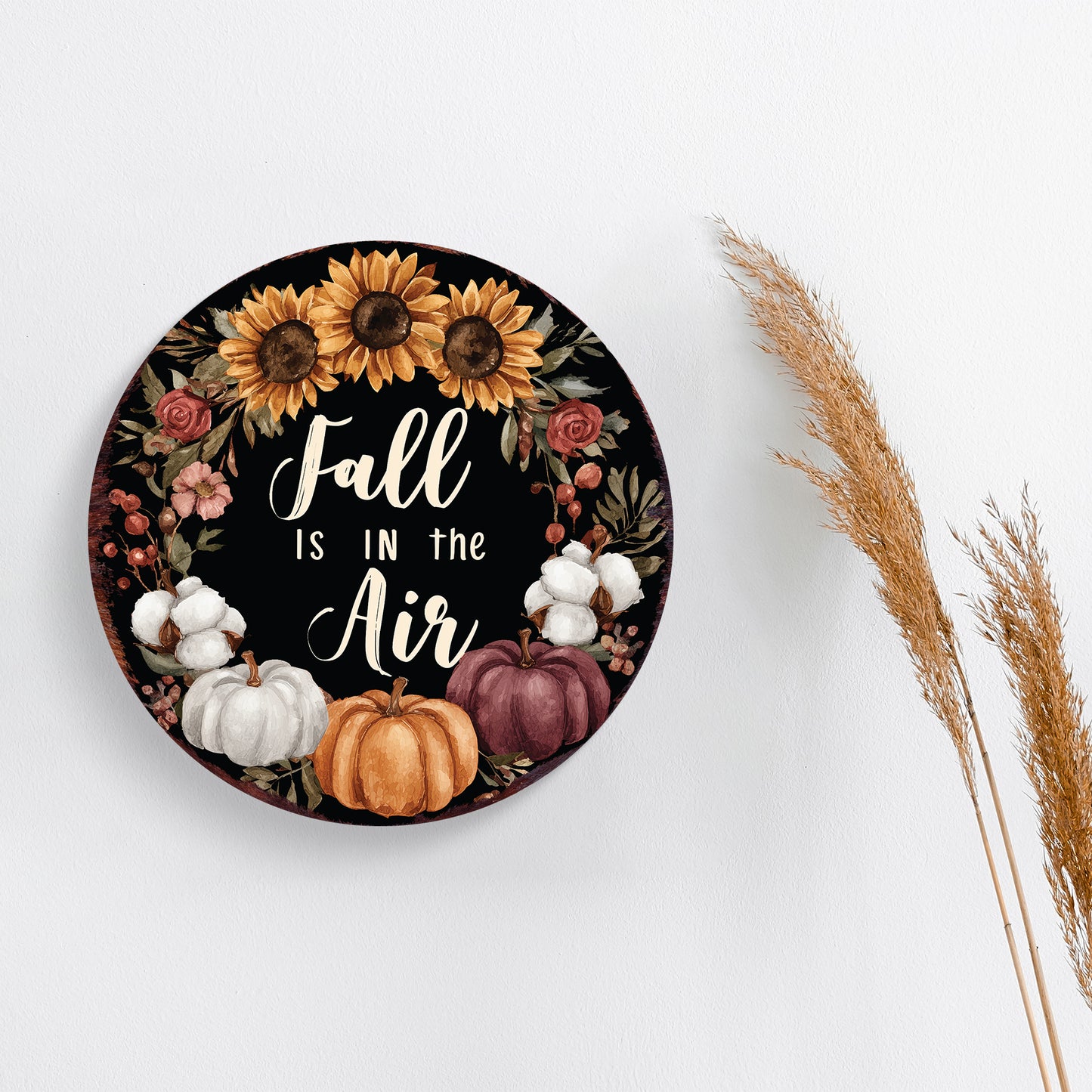 Fall Is in the Air Door Hanger – 12–16in Round Wood Sign, UV Print Autumn Pumpkin Sunflower Decor for Front Door or Wall