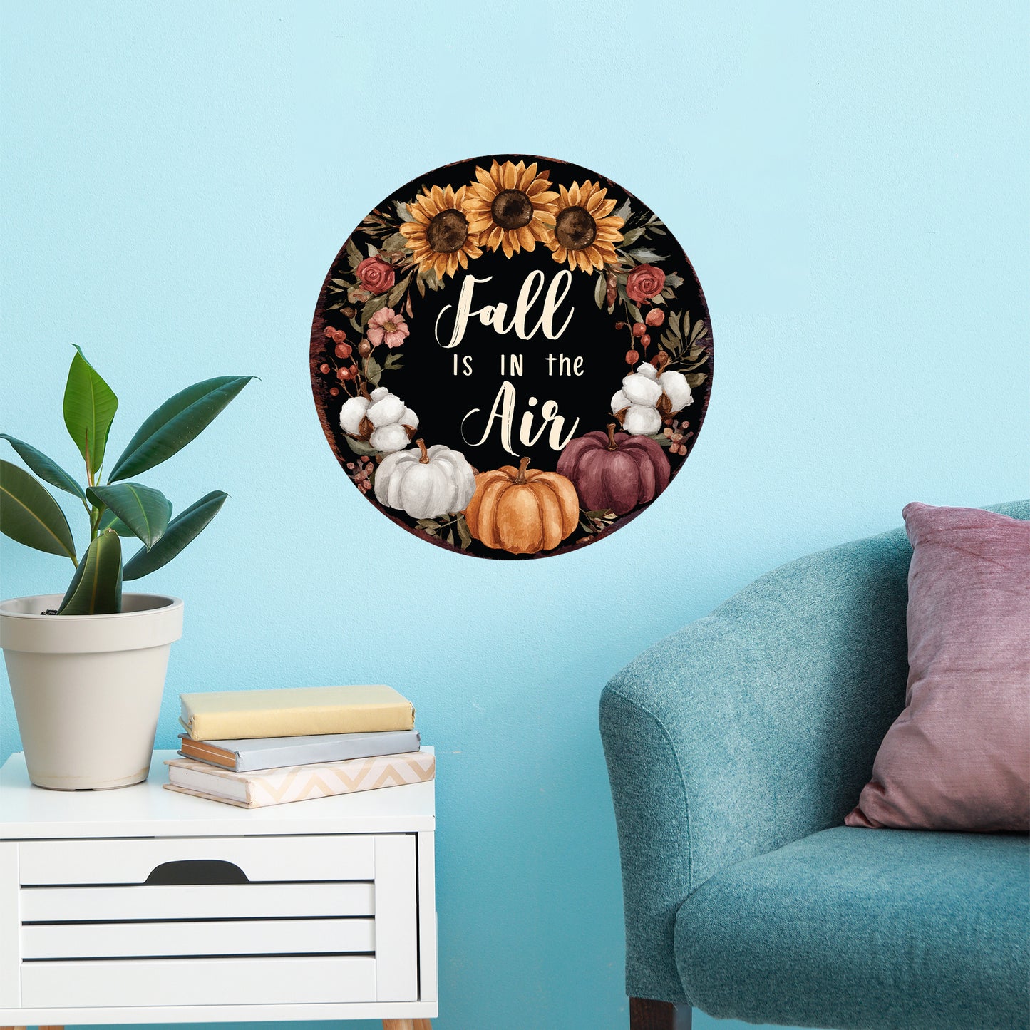 Fall Is in the Air Door Hanger – 12–16in Round Wood Sign, UV Print Autumn Pumpkin Sunflower Decor for Front Door or Wall