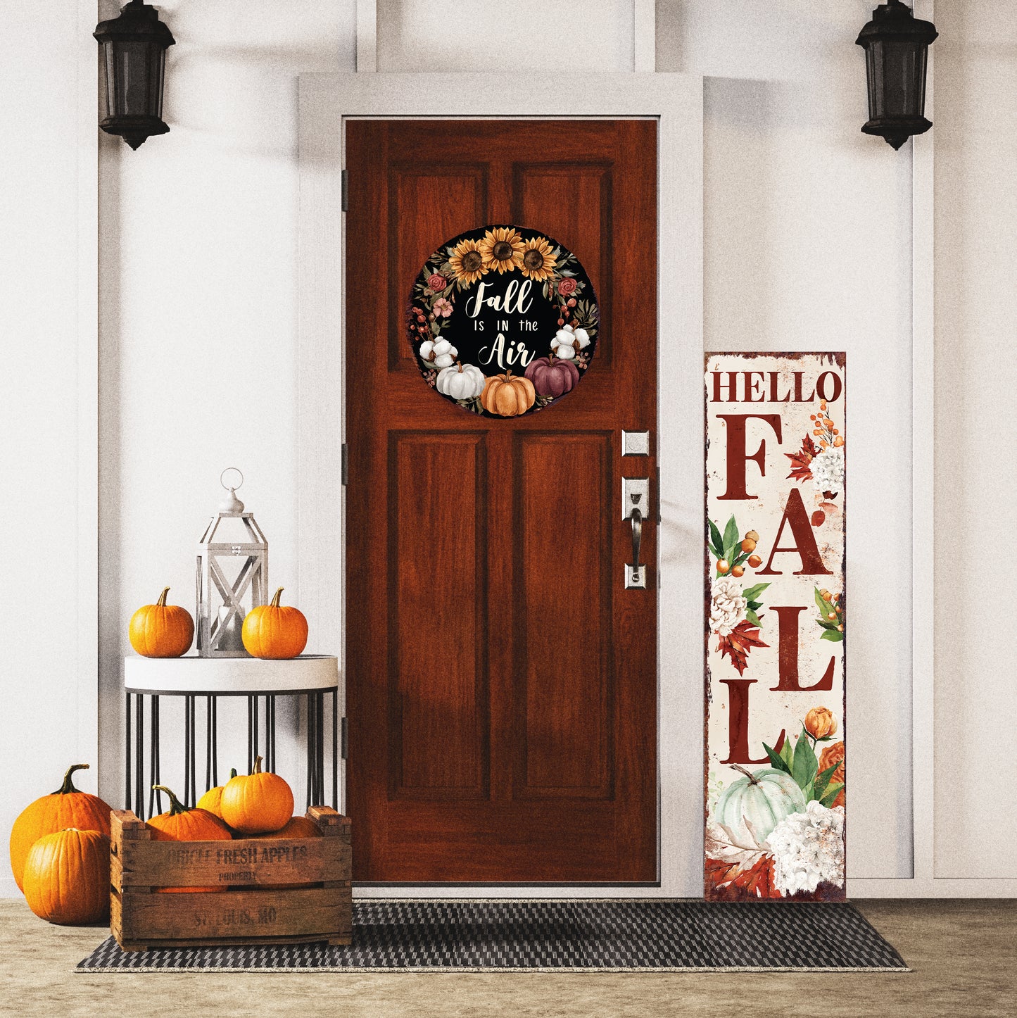 Fall Is in the Air Door Hanger – 12–16in Round Wood Sign, UV Print Autumn Pumpkin Sunflower Decor for Front Door or Wall