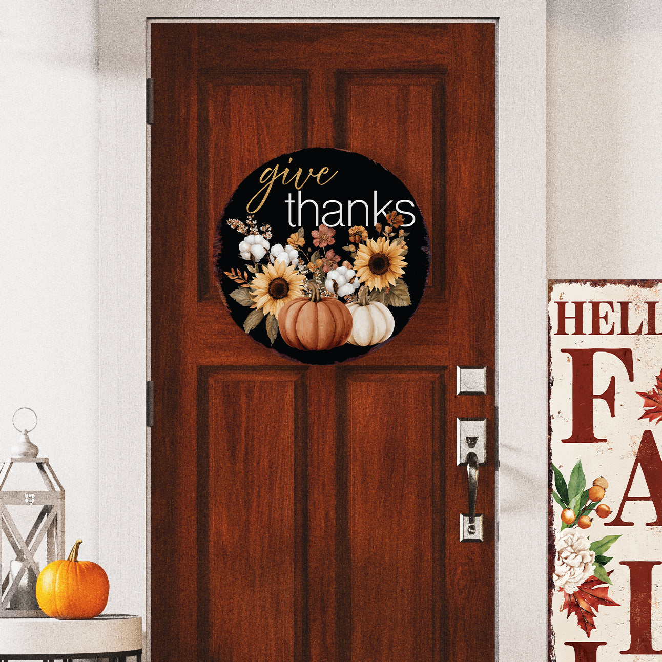 Give Thanks Door Hanger – Round 12–16in Wood Sign with UV Print, Fall Pumpkin and Sunflower Decor for Front Door