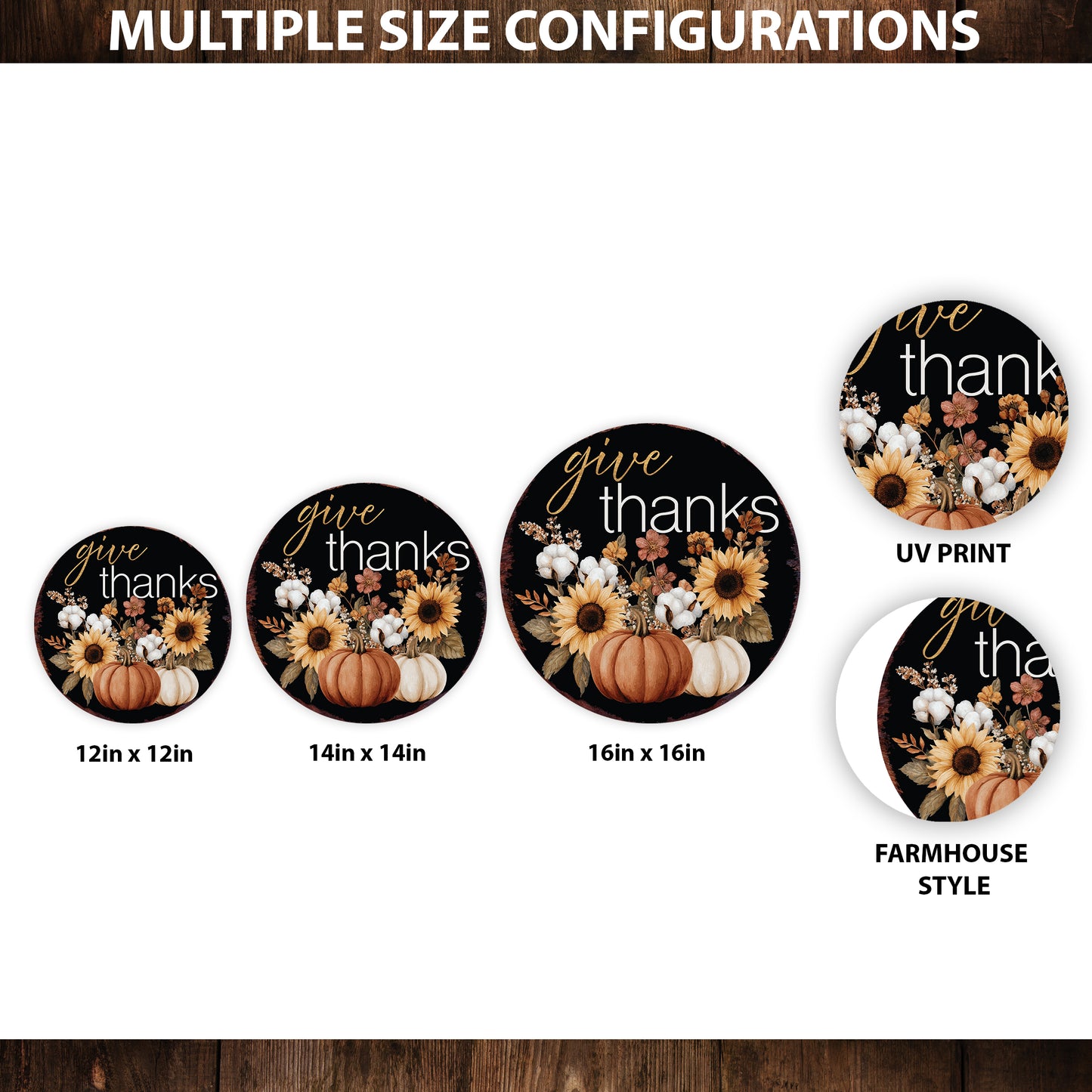 Give Thanks Door Hanger – Round 12–16in Wood Sign with UV Print, Fall Pumpkin and Sunflower Decor for Front Door