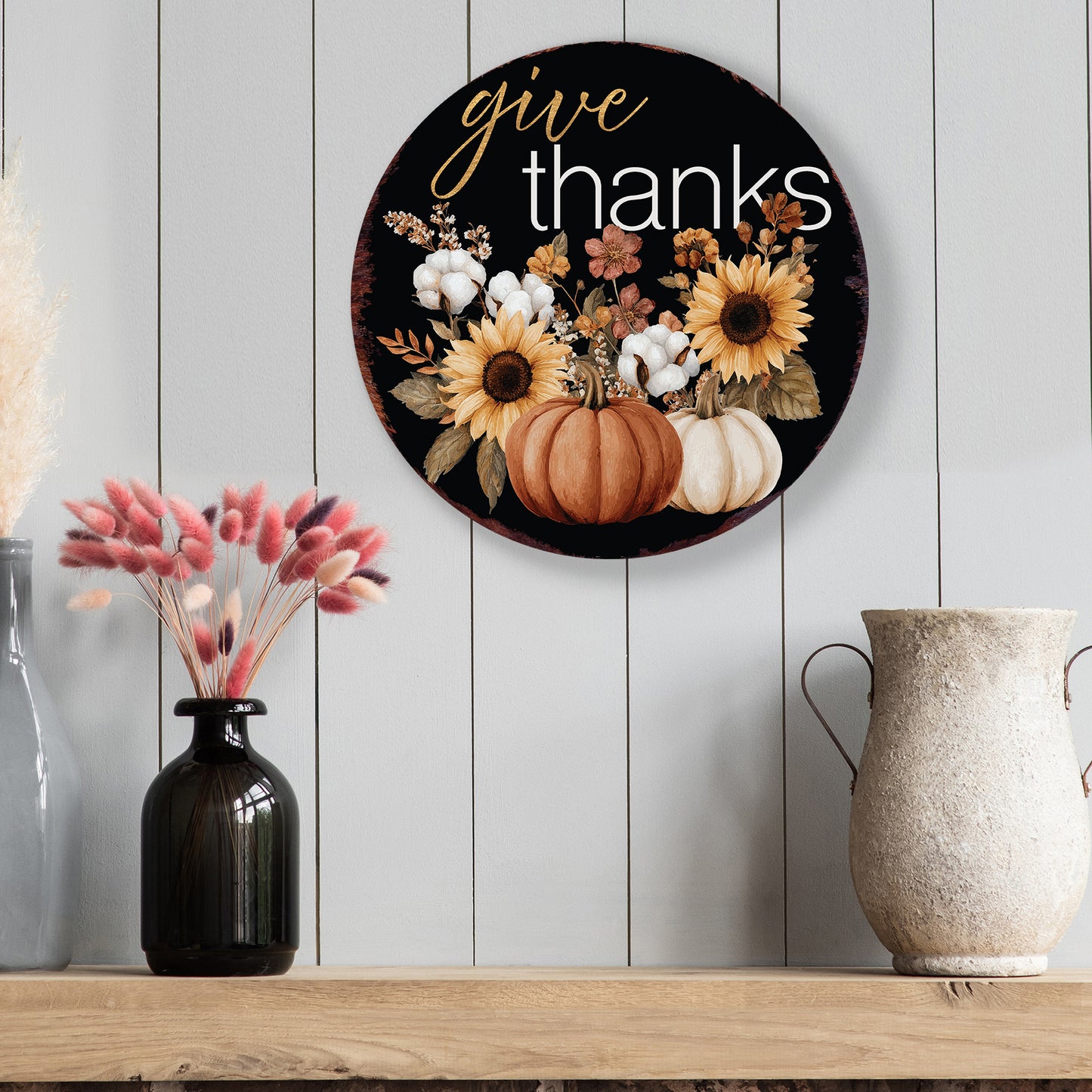 Give Thanks Door Hanger – Round 12–16in Wood Sign with UV Print, Fall Pumpkin and Sunflower Decor for Front Door