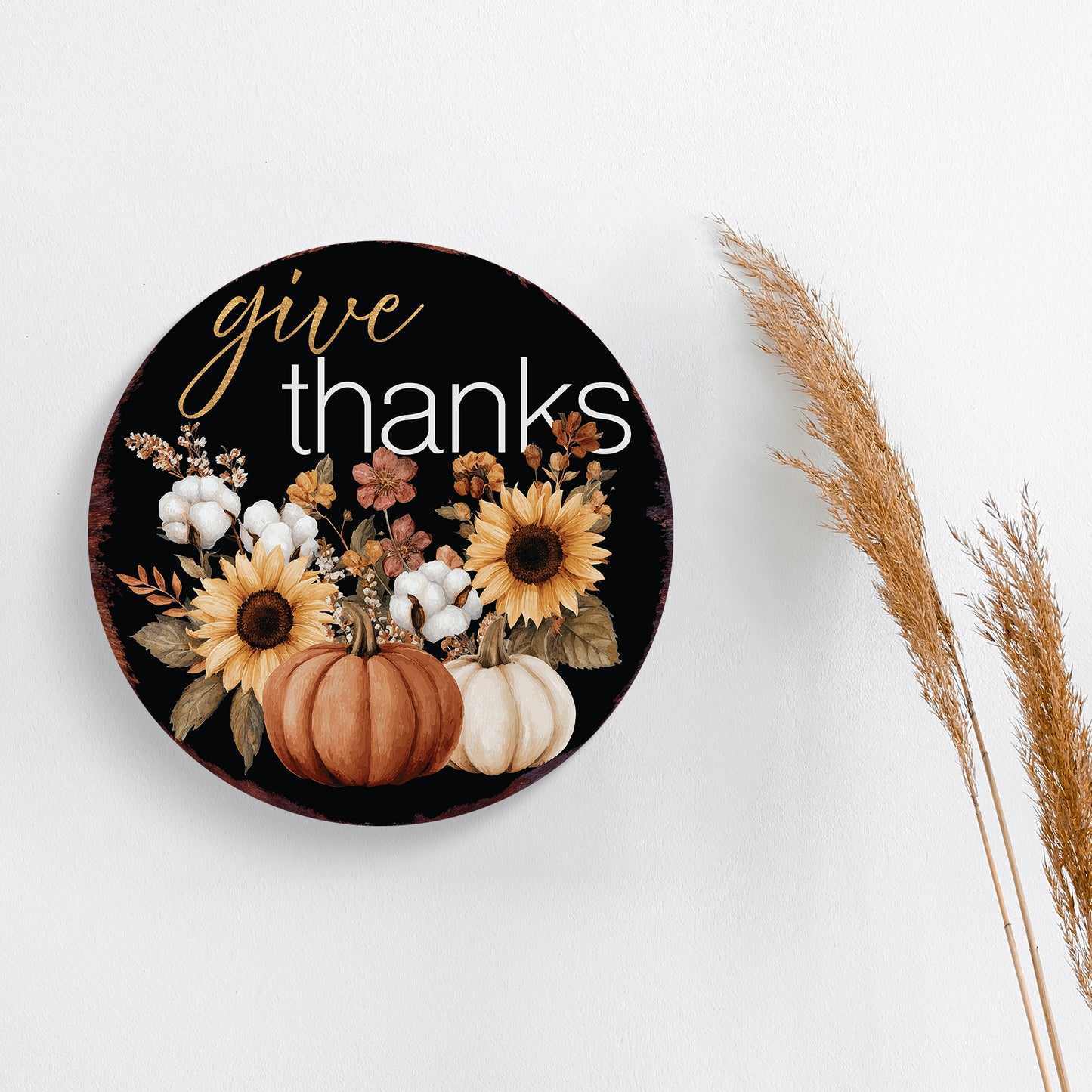 Give Thanks Door Hanger – Round 12–16in Wood Sign with UV Print, Fall Pumpkin and Sunflower Decor for Front Door