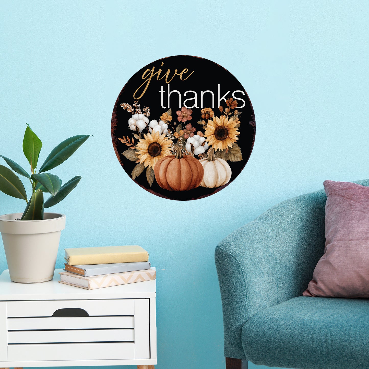 Give Thanks Door Hanger – Round 12–16in Wood Sign with UV Print, Fall Pumpkin and Sunflower Decor for Front Door