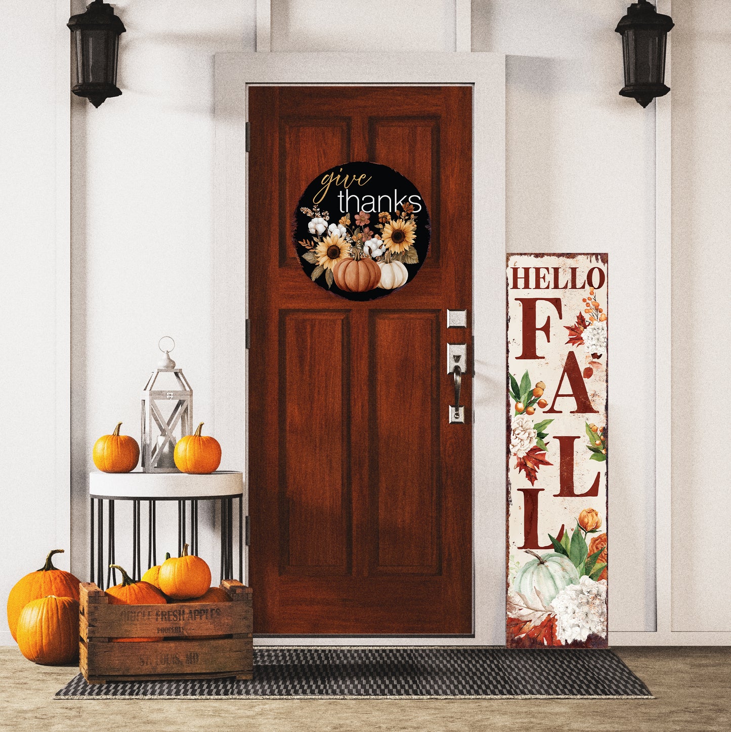 Give Thanks Door Hanger – Round 12–16in Wood Sign with UV Print, Fall Pumpkin and Sunflower Decor for Front Door