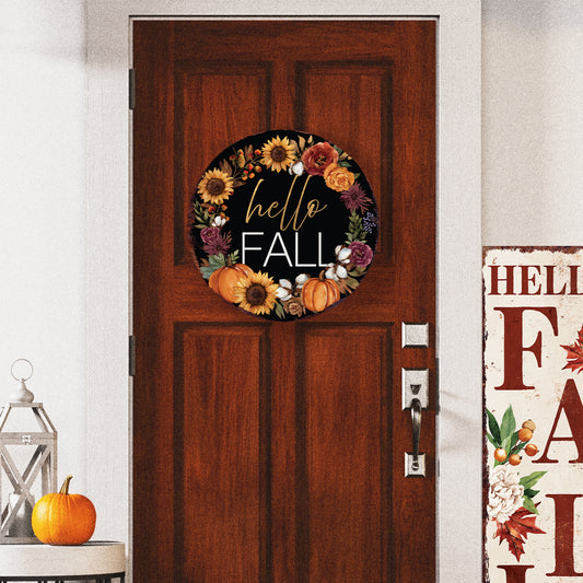 Hello Fall Door Hanger – Round 12–16in Wood Sign, UV Print Autumn Floral Pumpkin Wreath Decor for Front Door or Wall