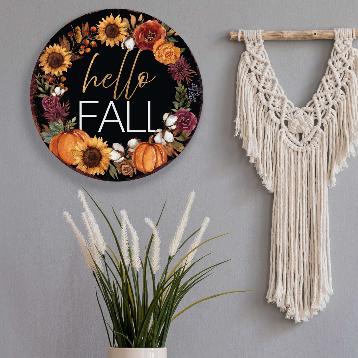 Hello Fall Door Hanger – Round 12–16in Wood Sign, UV Print Autumn Floral Pumpkin Wreath Decor for Front Door or Wall
