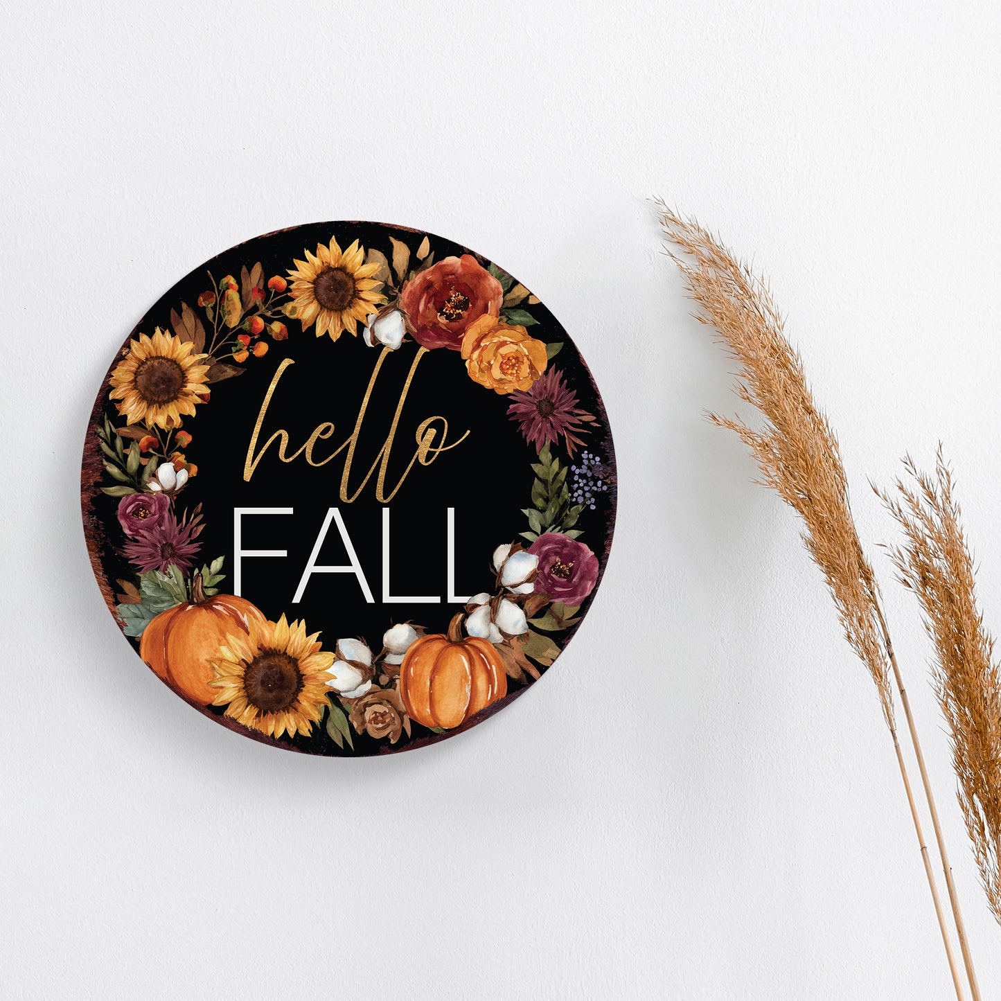 Hello Fall Door Hanger – Round 12–16in Wood Sign, UV Print Autumn Floral Pumpkin Wreath Decor for Front Door or Wall