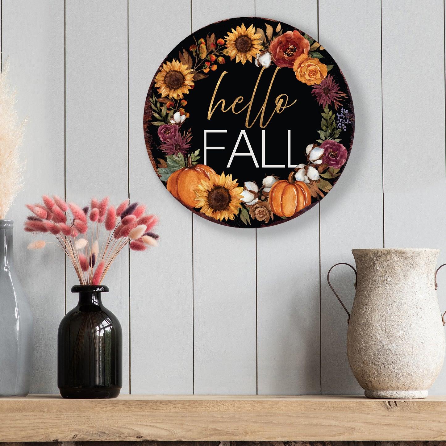 Hello Fall Door Hanger – Round 12–16in Wood Sign, UV Print Autumn Floral Pumpkin Wreath Decor for Front Door or Wall