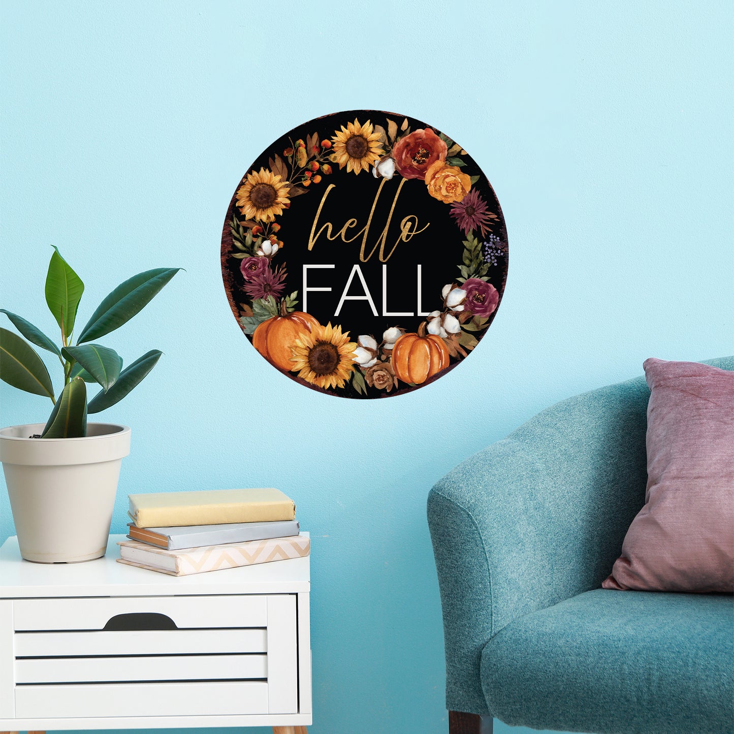 Hello Fall Door Hanger – Round 12–16in Wood Sign, UV Print Autumn Floral Pumpkin Wreath Decor for Front Door or Wall