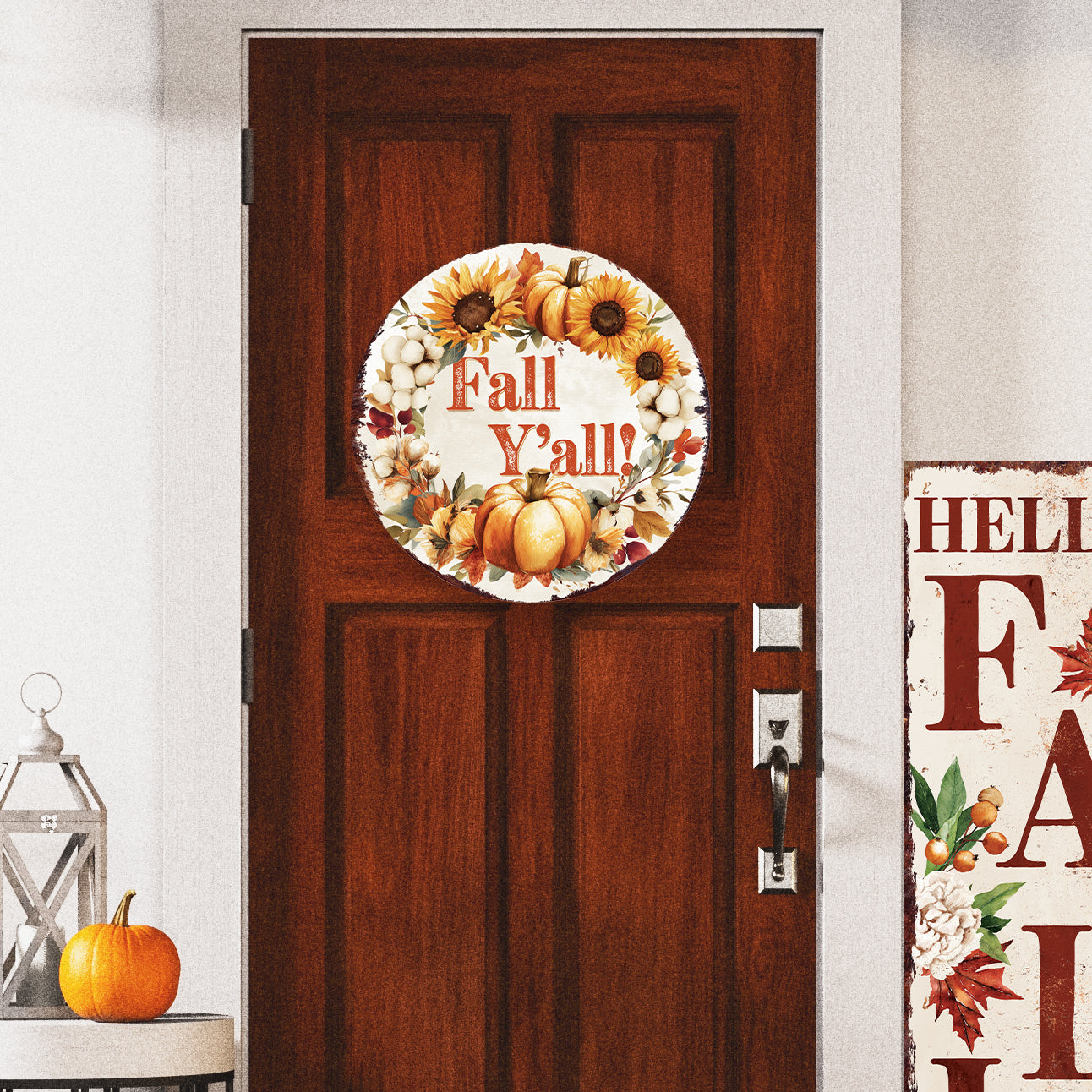 Fall Y’all Door Hanger – Round 12–16in UV-Printed Pumpkin & Sunflower Sign, Rustic Autumn Decor for Front Porch or Entryway