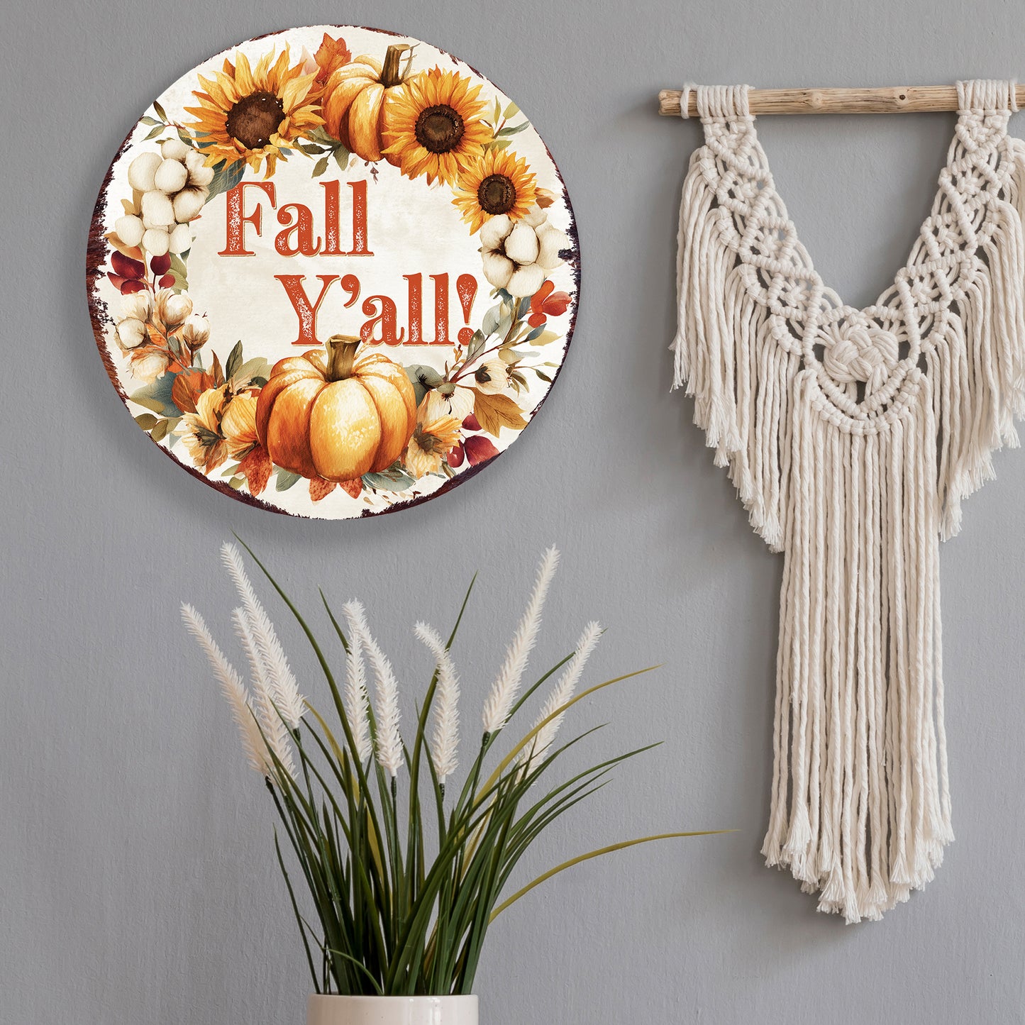 Fall Y’all Door Hanger – Round 12–16in UV-Printed Pumpkin & Sunflower Sign, Rustic Autumn Decor for Front Porch or Entryway