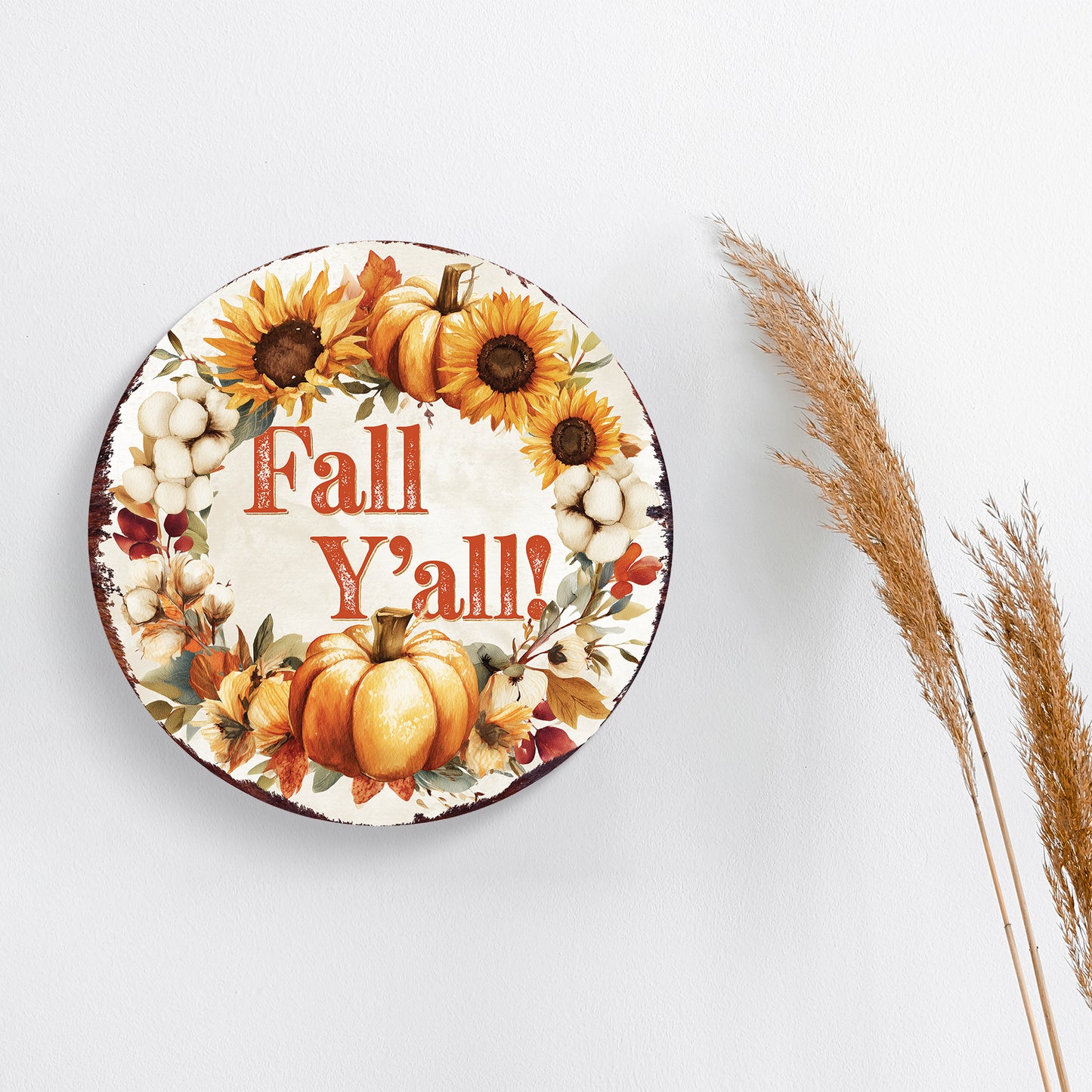 Fall Y’all Door Hanger – Round 12–16in UV-Printed Pumpkin & Sunflower Sign, Rustic Autumn Decor for Front Porch or Entryway