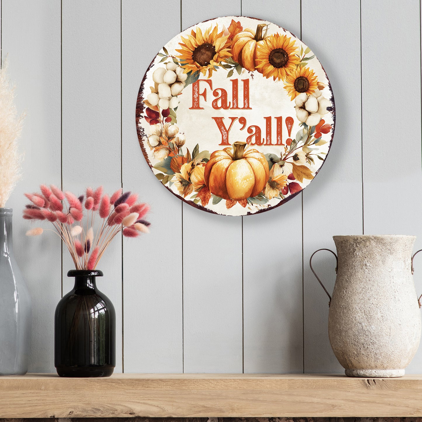 Fall Y’all Door Hanger – Round 12–16in UV-Printed Pumpkin & Sunflower Sign, Rustic Autumn Decor for Front Porch or Entryway
