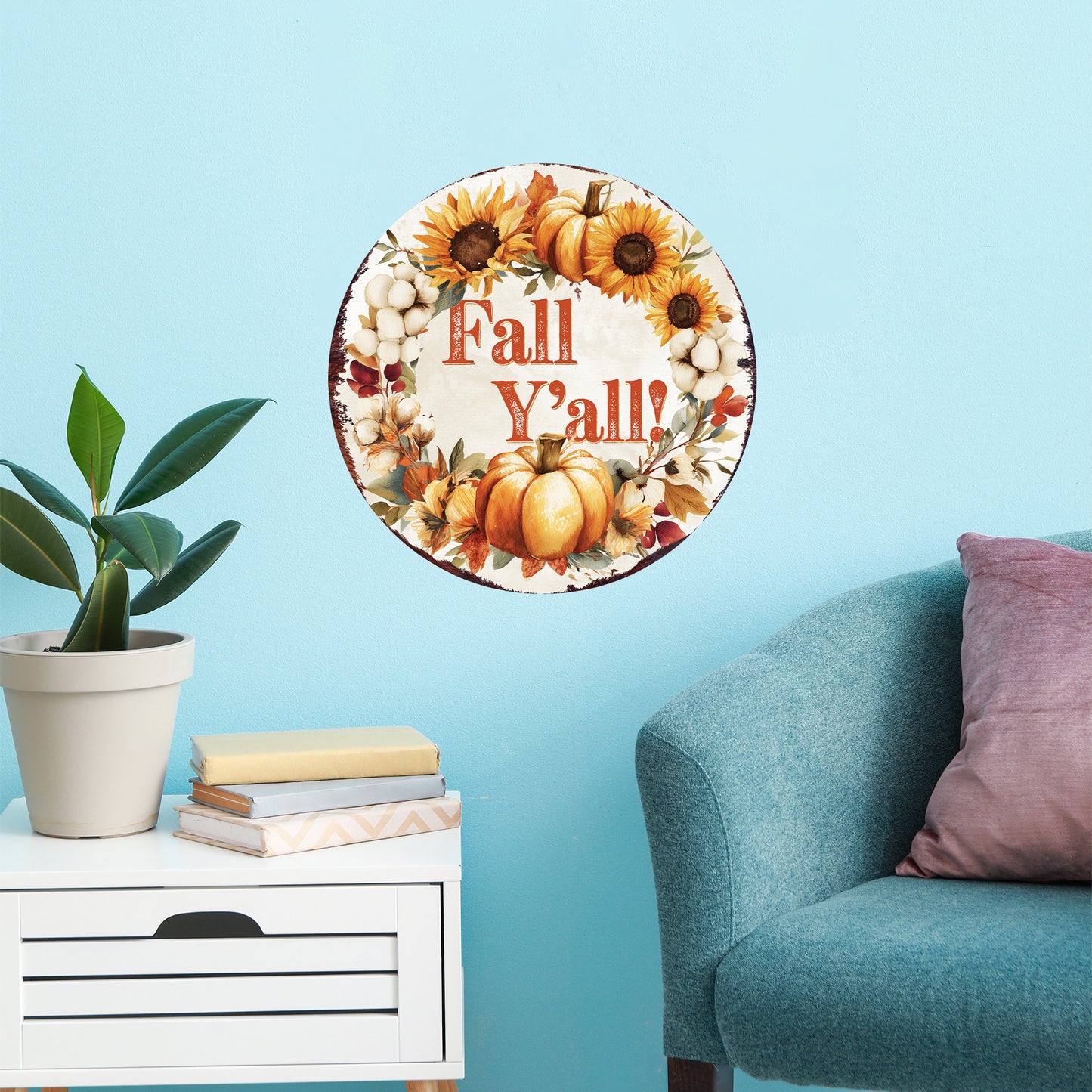 Fall Y’all Door Hanger – Round 12–16in UV-Printed Pumpkin & Sunflower Sign, Rustic Autumn Decor for Front Porch or Entryway