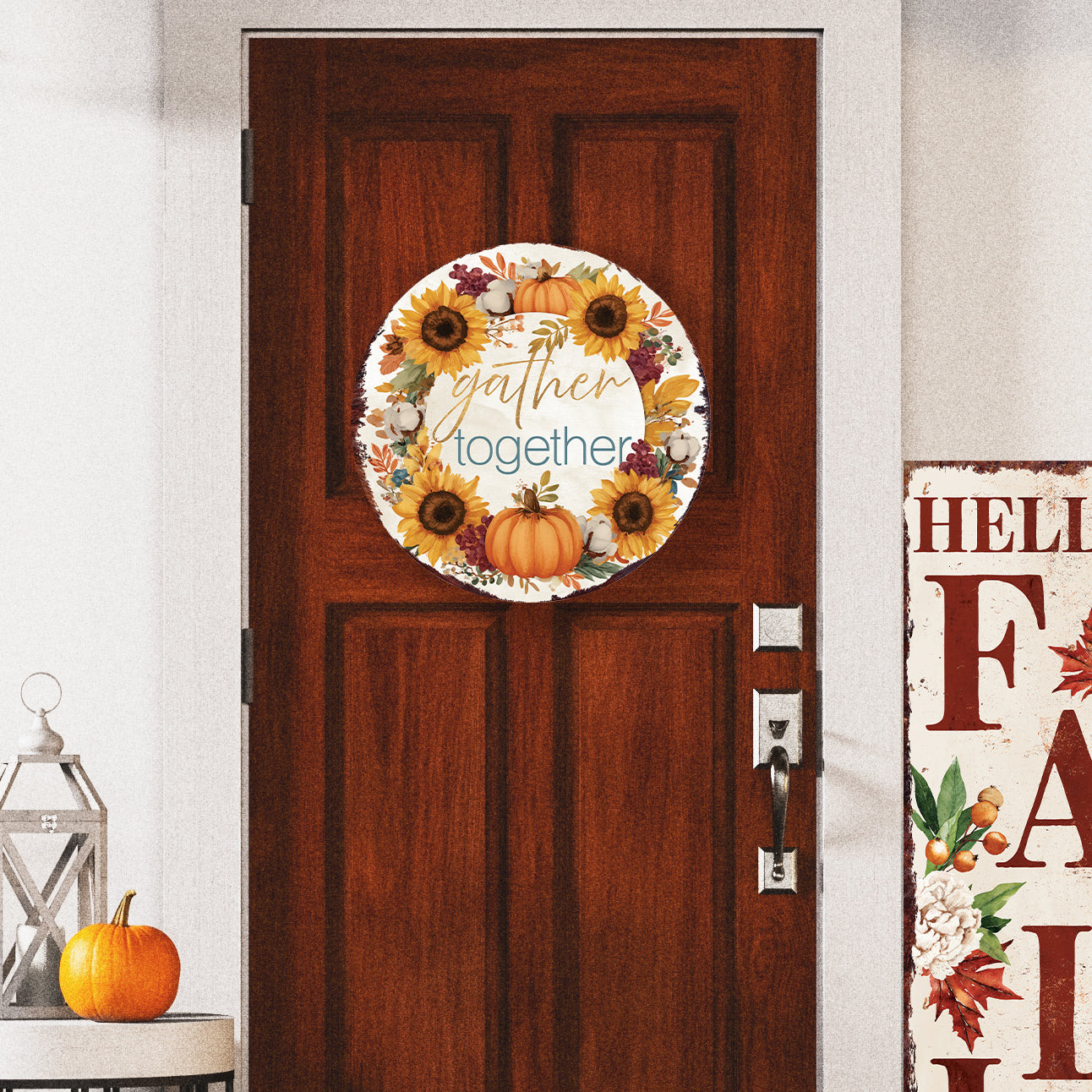 Gather Together Door Hanger – Round 12–16in Wood Sign with UV Print, Sunflower & Pumpkin Fall Decor for Front Door