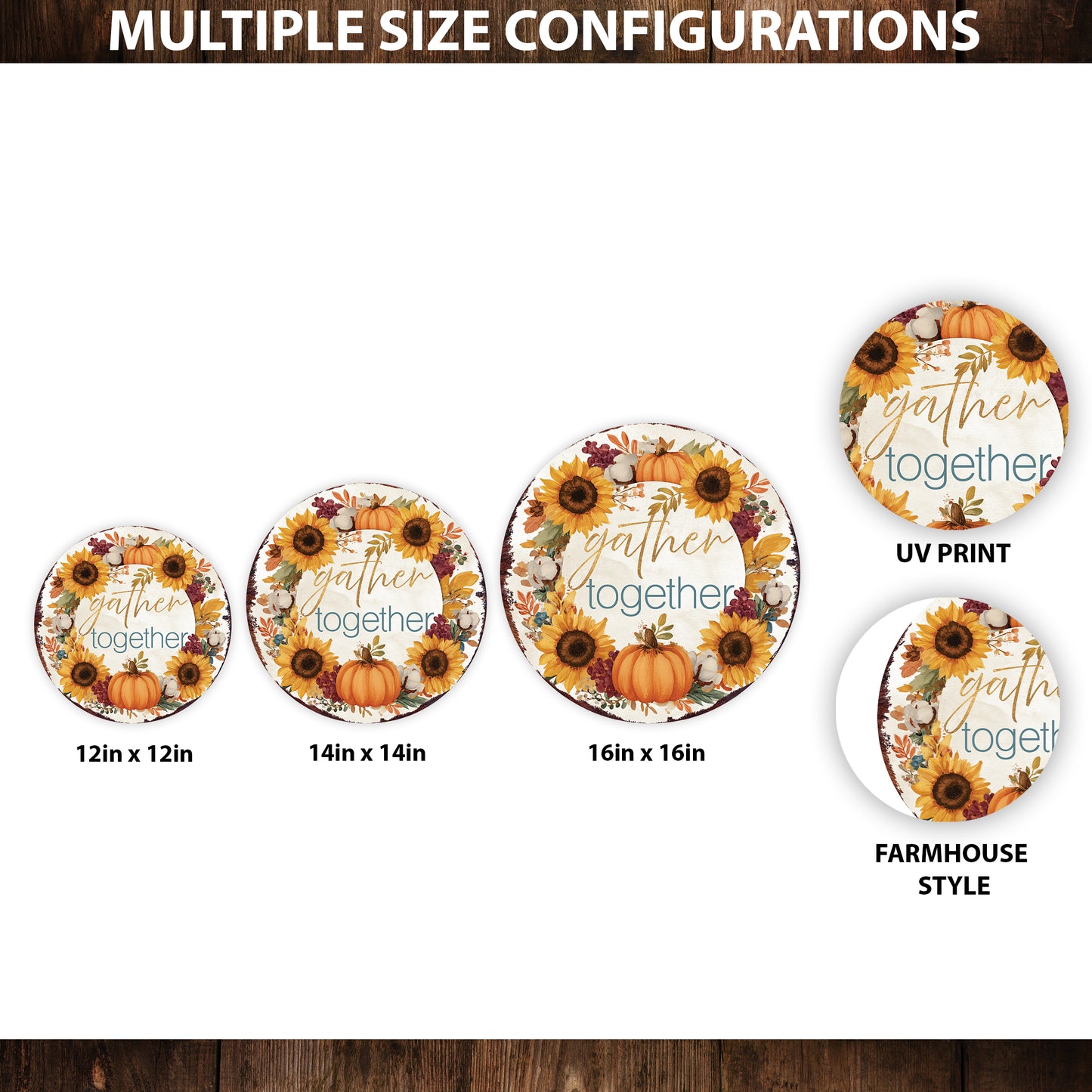 Gather Together Door Hanger – Round 12–16in Wood Sign with UV Print, Sunflower & Pumpkin Fall Decor for Front Door
