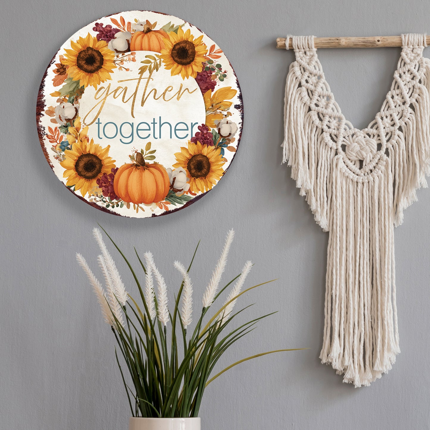Gather Together Door Hanger – Round 12–16in Wood Sign with UV Print, Sunflower & Pumpkin Fall Decor for Front Door