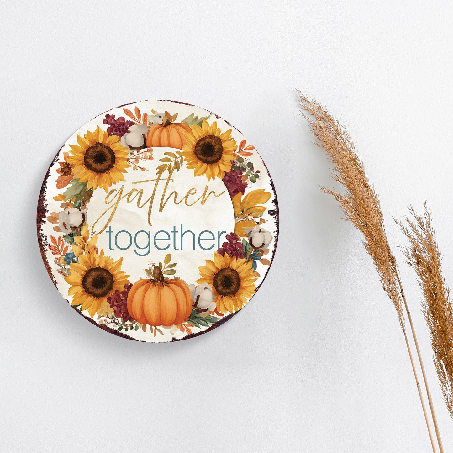 Gather Together Door Hanger – Round 12–16in Wood Sign with UV Print, Sunflower & Pumpkin Fall Decor for Front Door