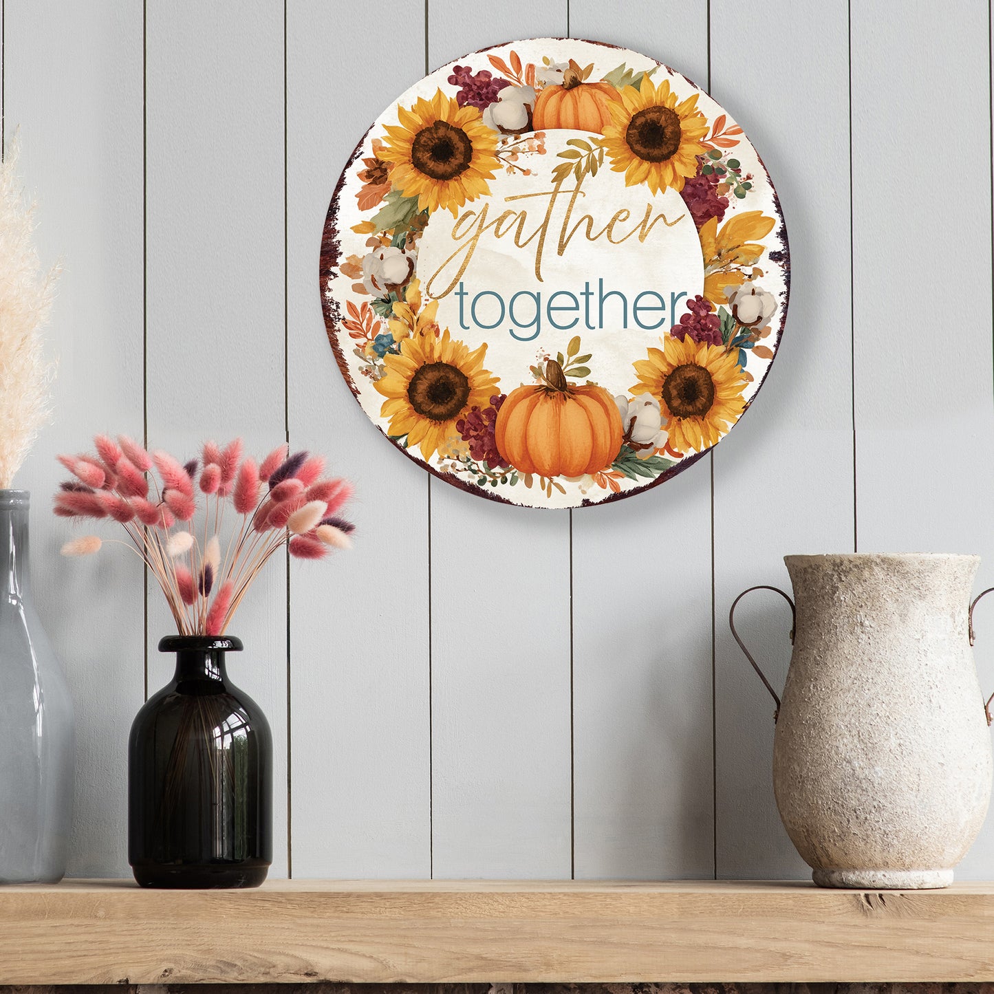 Gather Together Door Hanger – Round 12–16in Wood Sign with UV Print, Sunflower & Pumpkin Fall Decor for Front Door