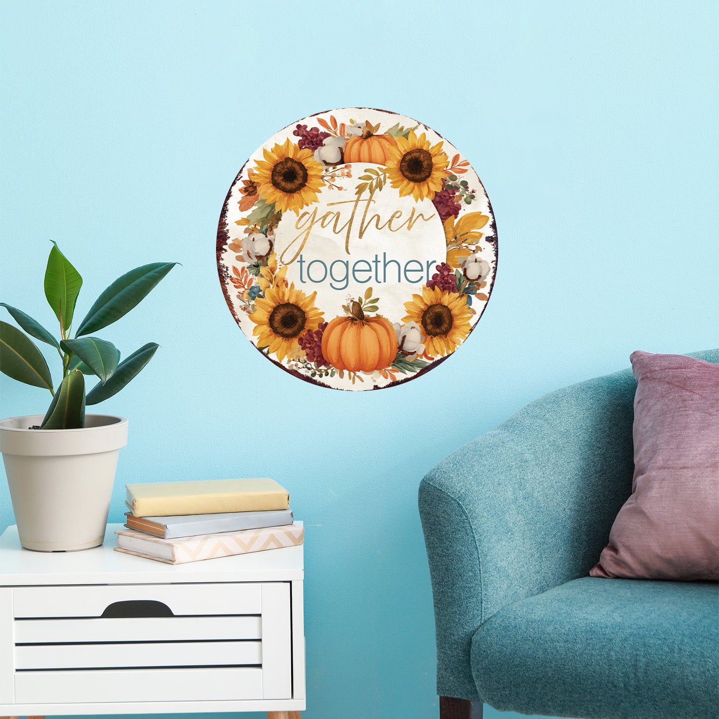Gather Together Door Hanger – Round 12–16in Wood Sign with UV Print, Sunflower & Pumpkin Fall Decor for Front Door