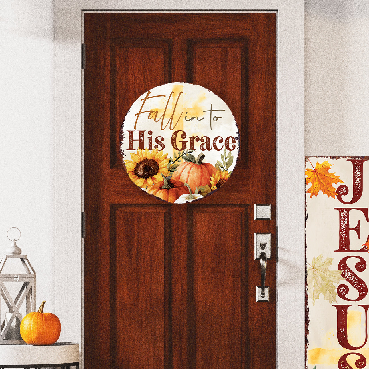 Fall into His Grace Door Hanger – Round Wood Sign with UV Print, Christian Fall Decor for Front Door or Wall, 12–16in