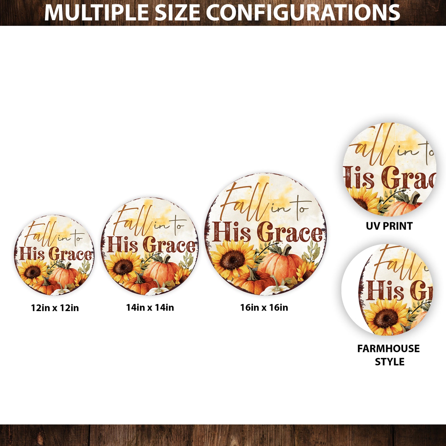Fall into His Grace Door Hanger – Round Wood Sign with UV Print, Christian Fall Decor for Front Door or Wall, 12–16in