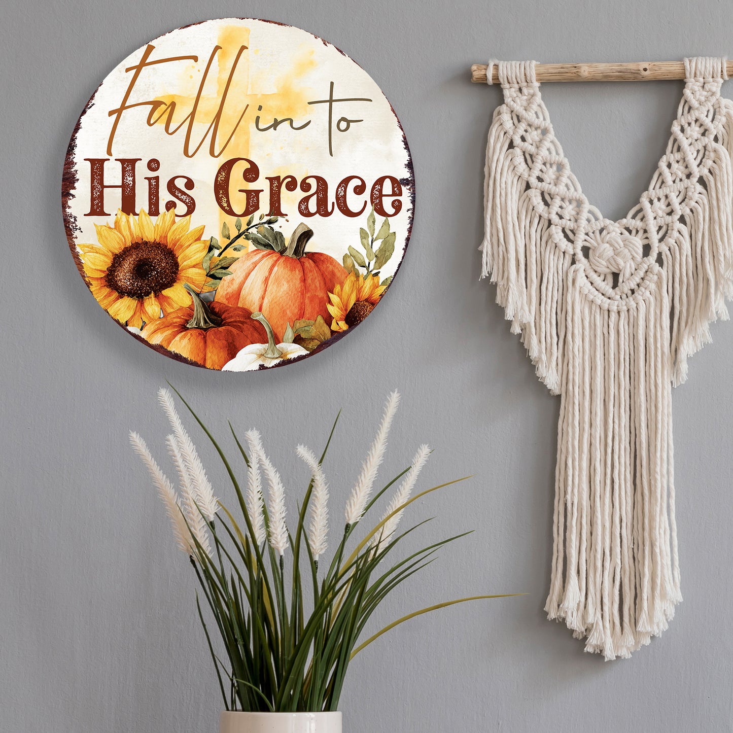 Fall into His Grace Door Hanger – Round Wood Sign with UV Print, Christian Fall Decor for Front Door or Wall, 12–16in