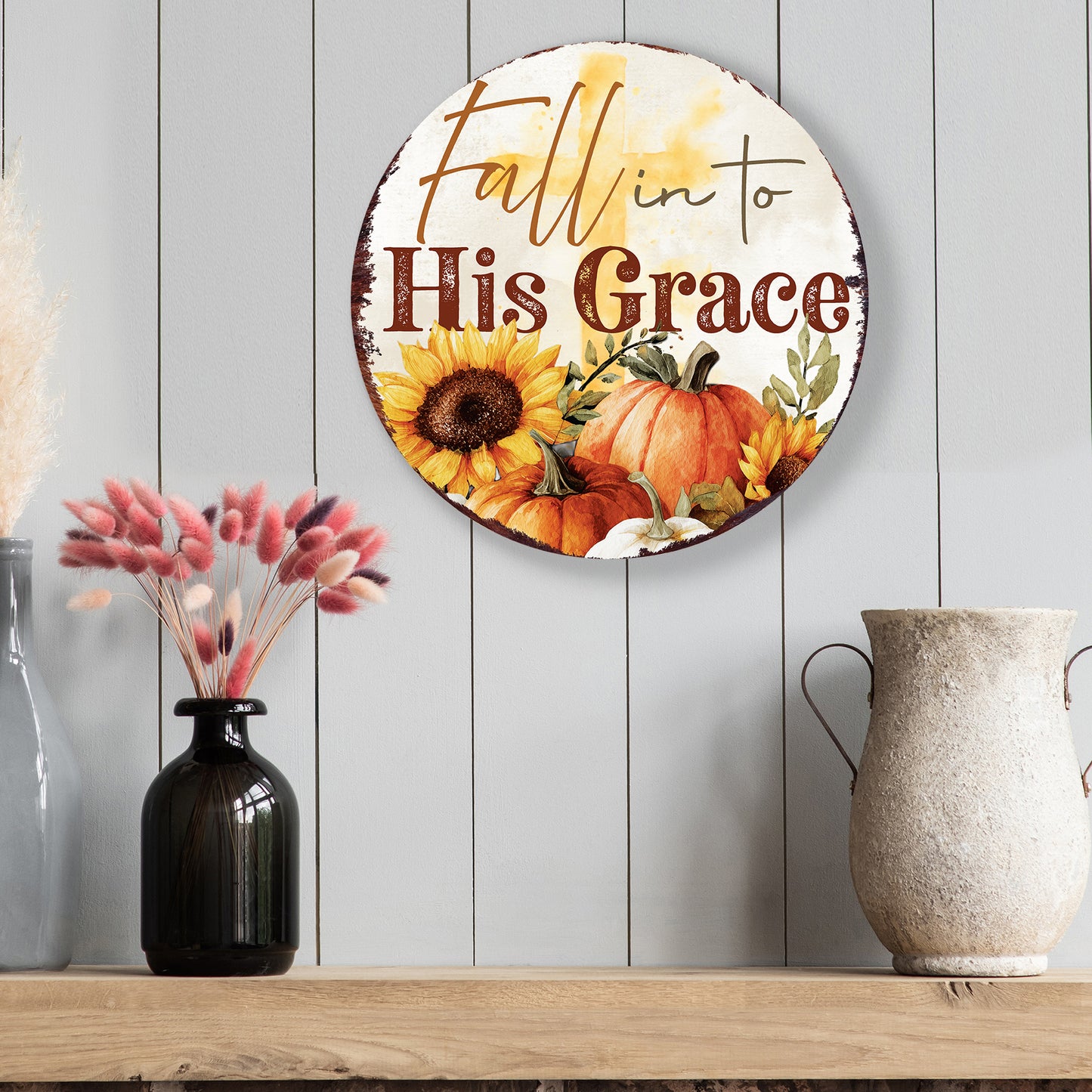 Fall into His Grace Door Hanger – Round Wood Sign with UV Print, Christian Fall Decor for Front Door or Wall, 12–16in