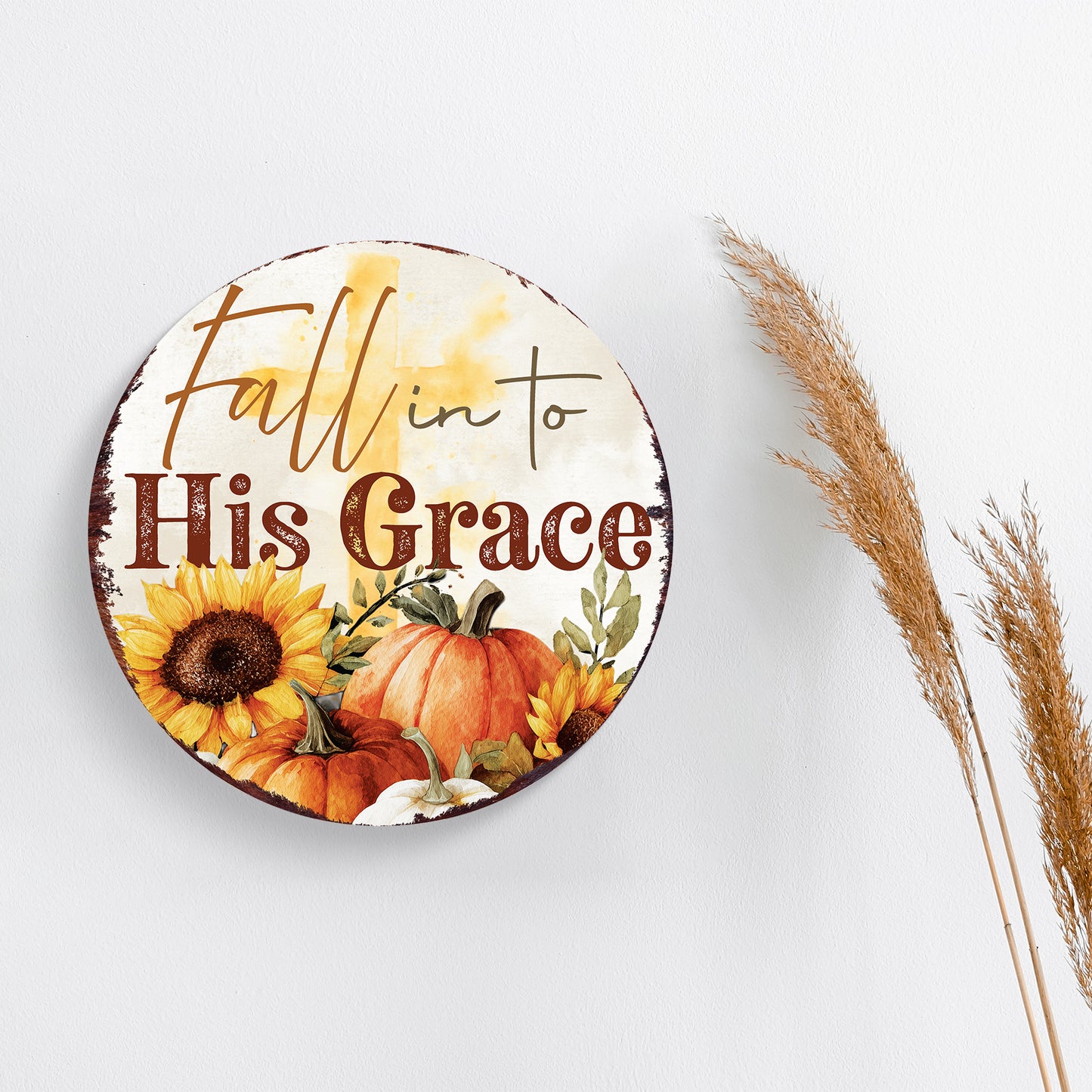 Fall into His Grace Door Hanger – Round Wood Sign with UV Print, Christian Fall Decor for Front Door or Wall, 12–16in