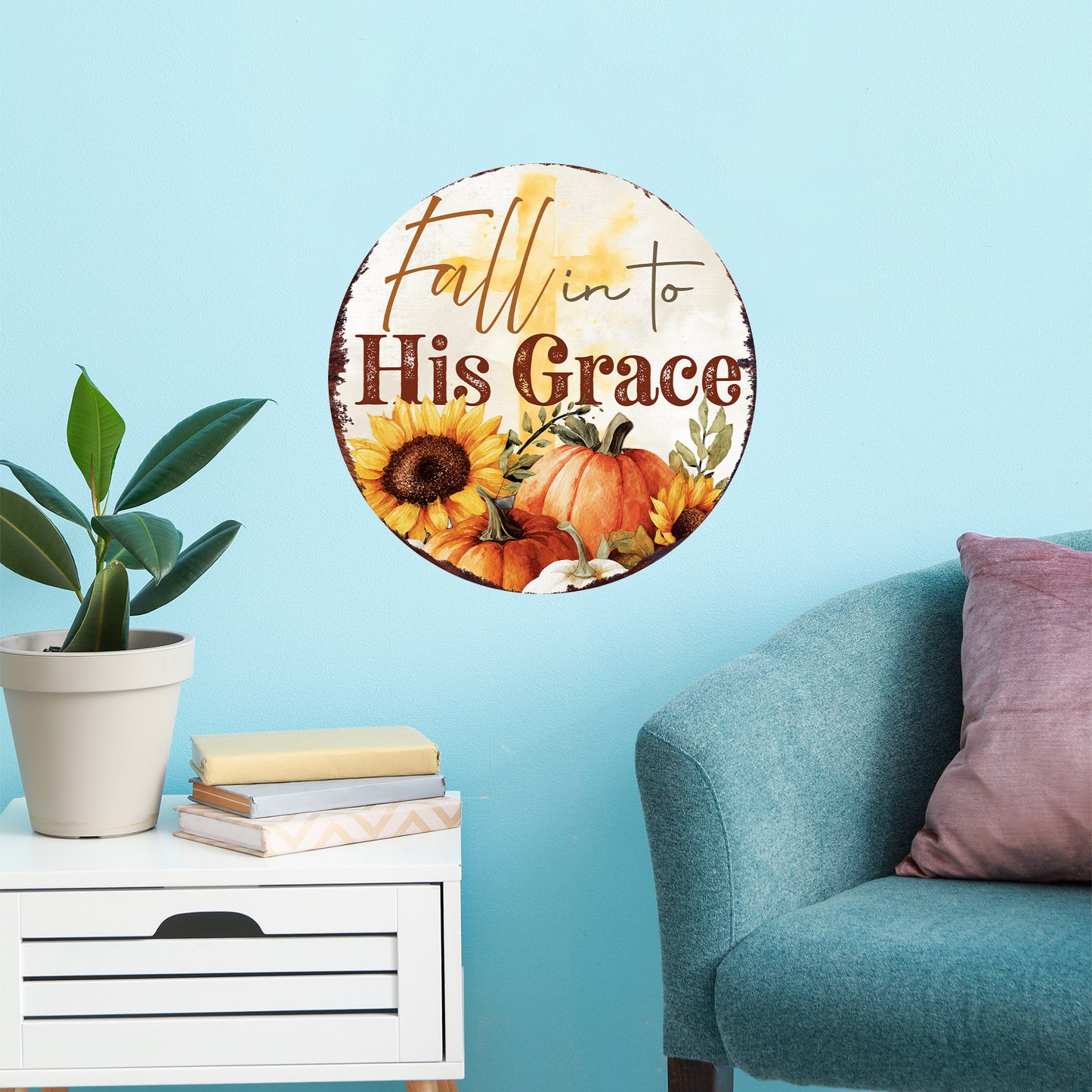 Fall into His Grace Door Hanger – Round Wood Sign with UV Print, Christian Fall Decor for Front Door or Wall, 12–16in