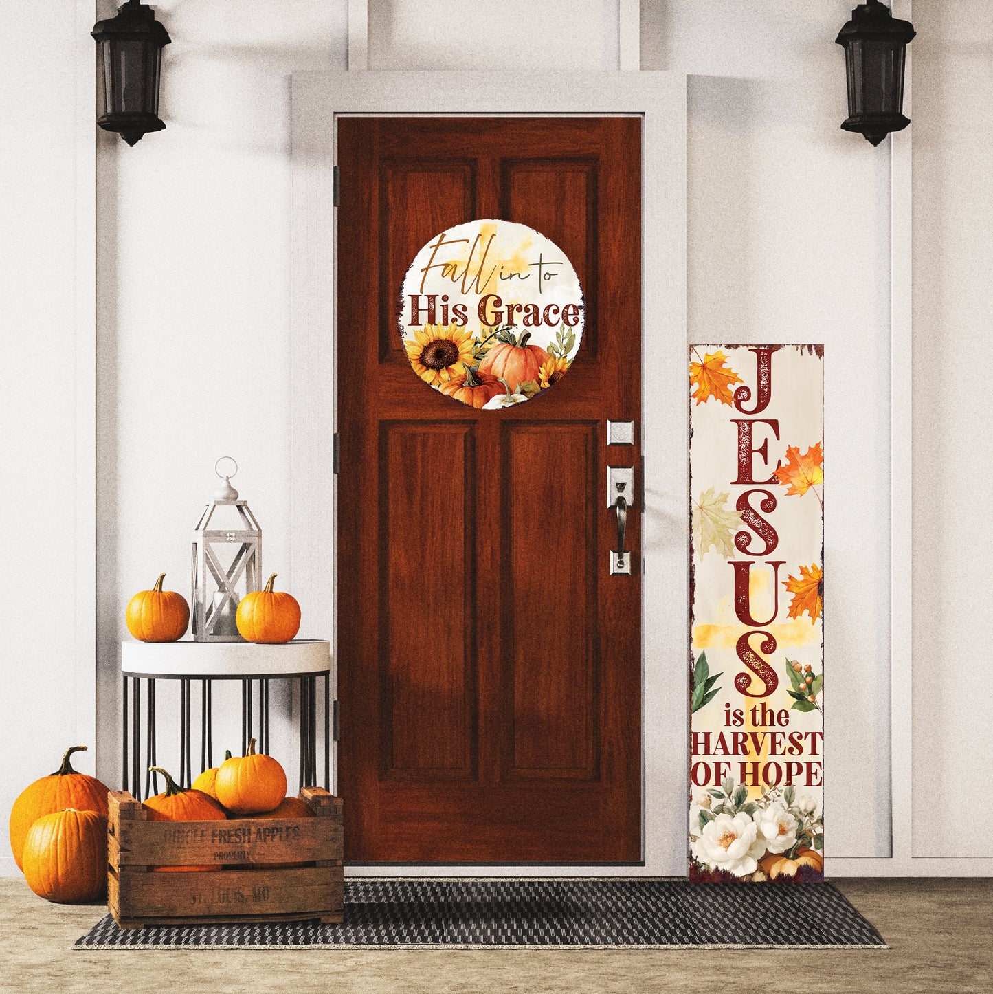 Fall into His Grace Door Hanger – Round Wood Sign with UV Print, Christian Fall Decor for Front Door or Wall, 12–16in