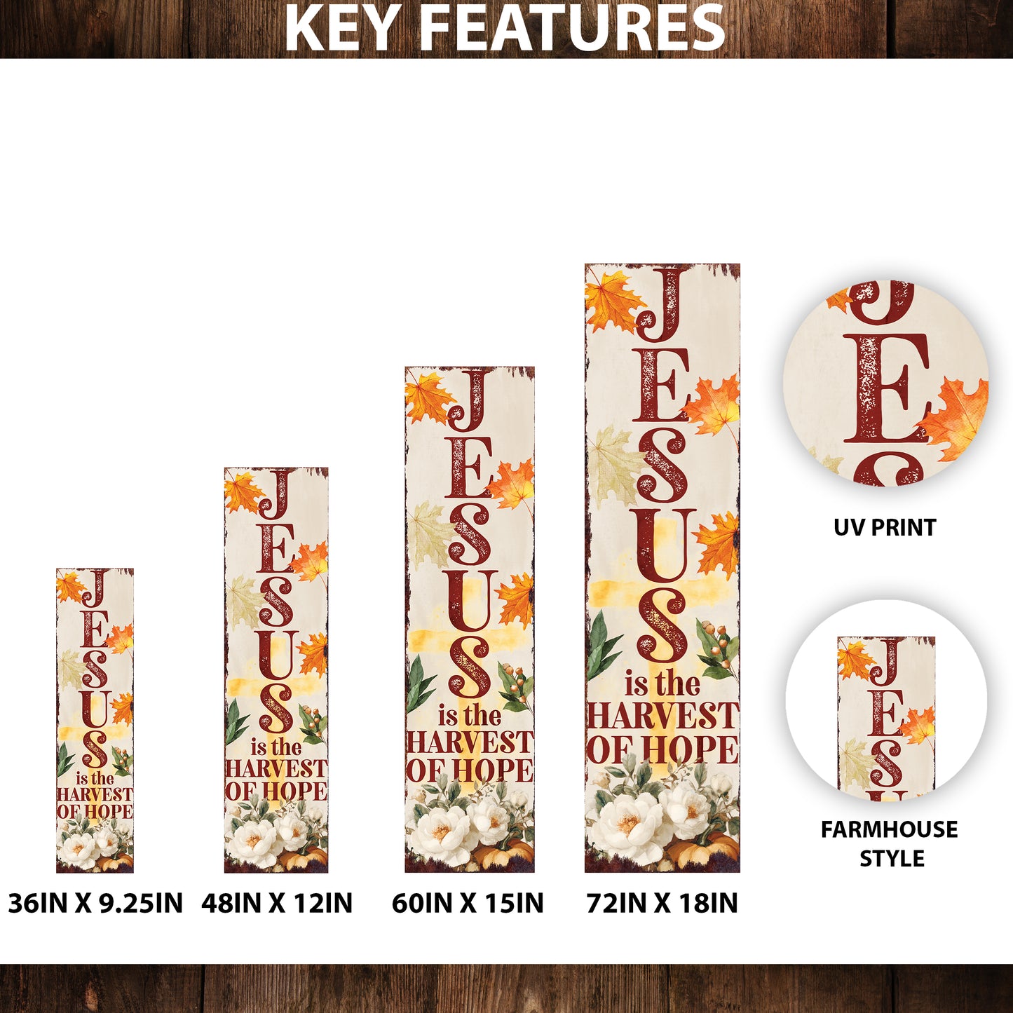 Jesus Is the Harvest of Hope Porch Sign – Fall Outdoor Christian Decor, UV Print Vertical Wood Sign, 36–72in Sizes
