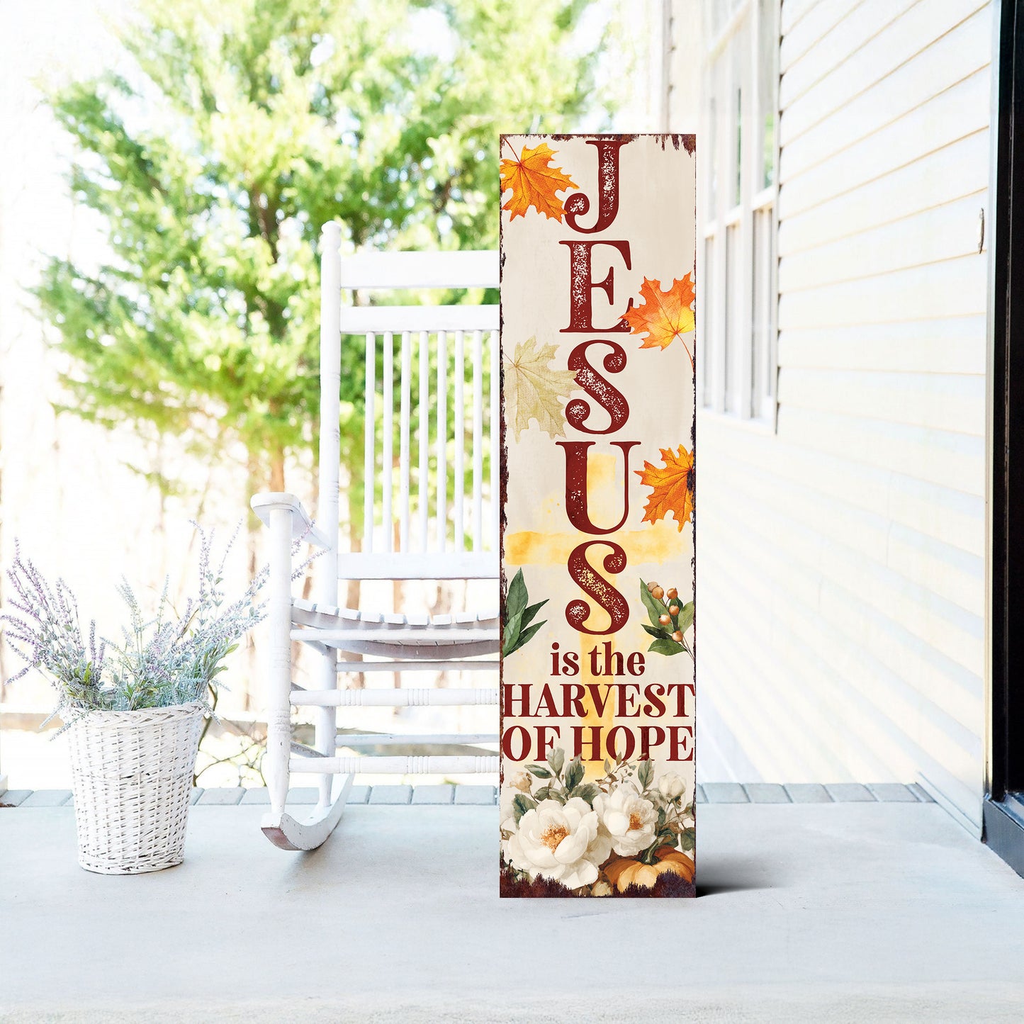 Jesus Is the Harvest of Hope Porch Sign – Fall Outdoor Christian Decor, UV Print Vertical Wood Sign, 36–72in Sizes