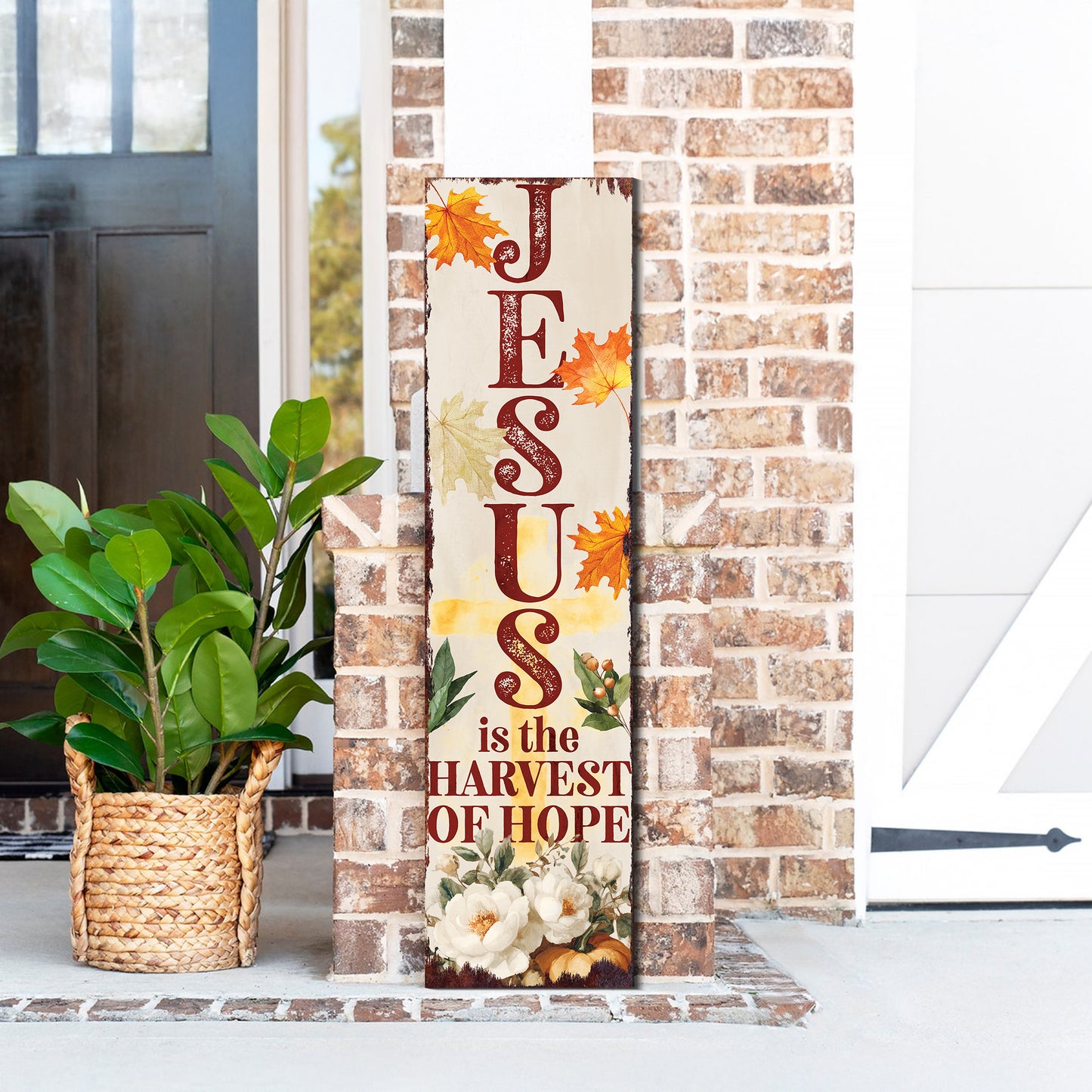 Jesus Is the Harvest of Hope Porch Sign – Fall Outdoor Christian Decor, UV Print Vertical Wood Sign, 36–72in Sizes