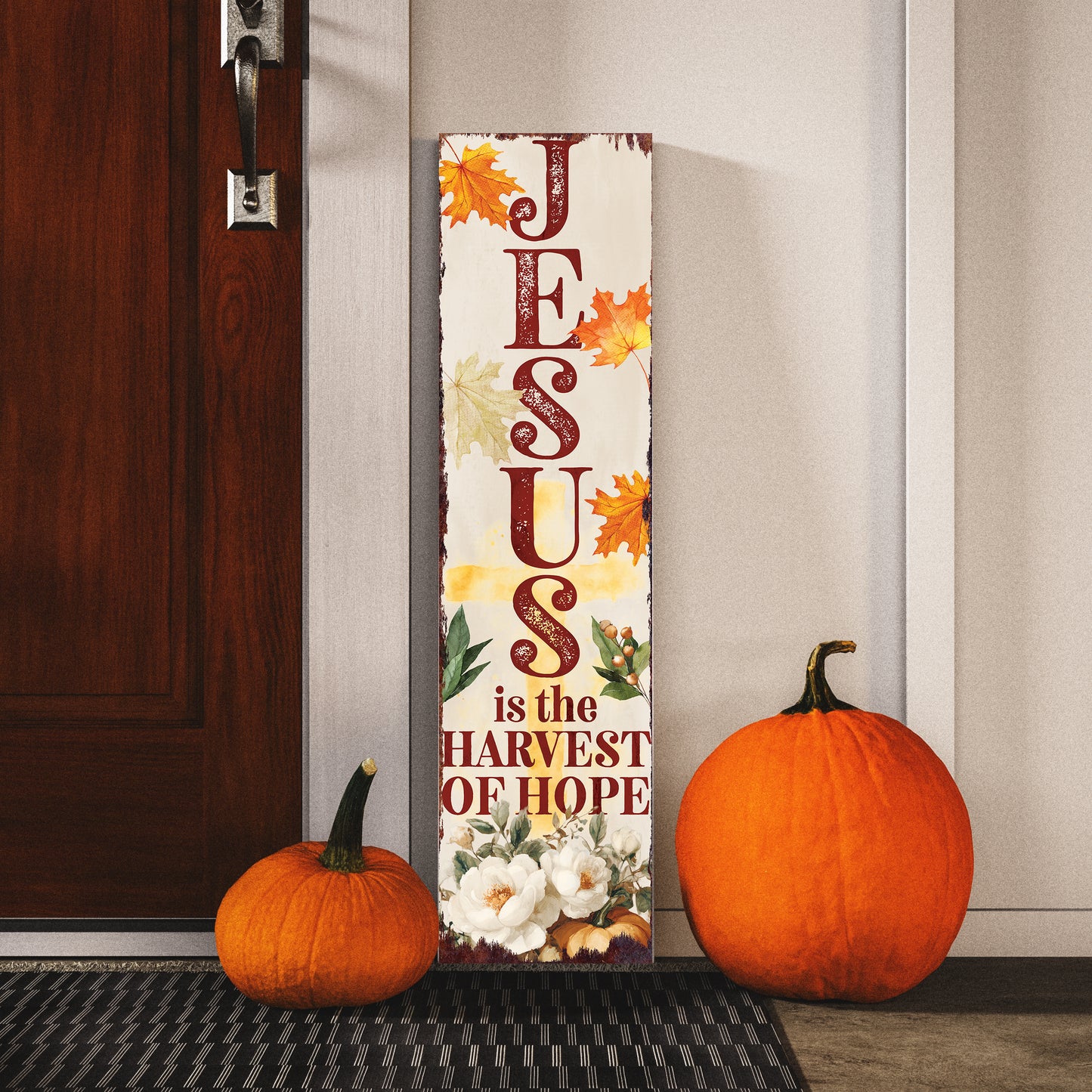 Jesus Is the Harvest of Hope Porch Sign – Fall Outdoor Christian Decor, UV Print Vertical Wood Sign, 36–72in Sizes