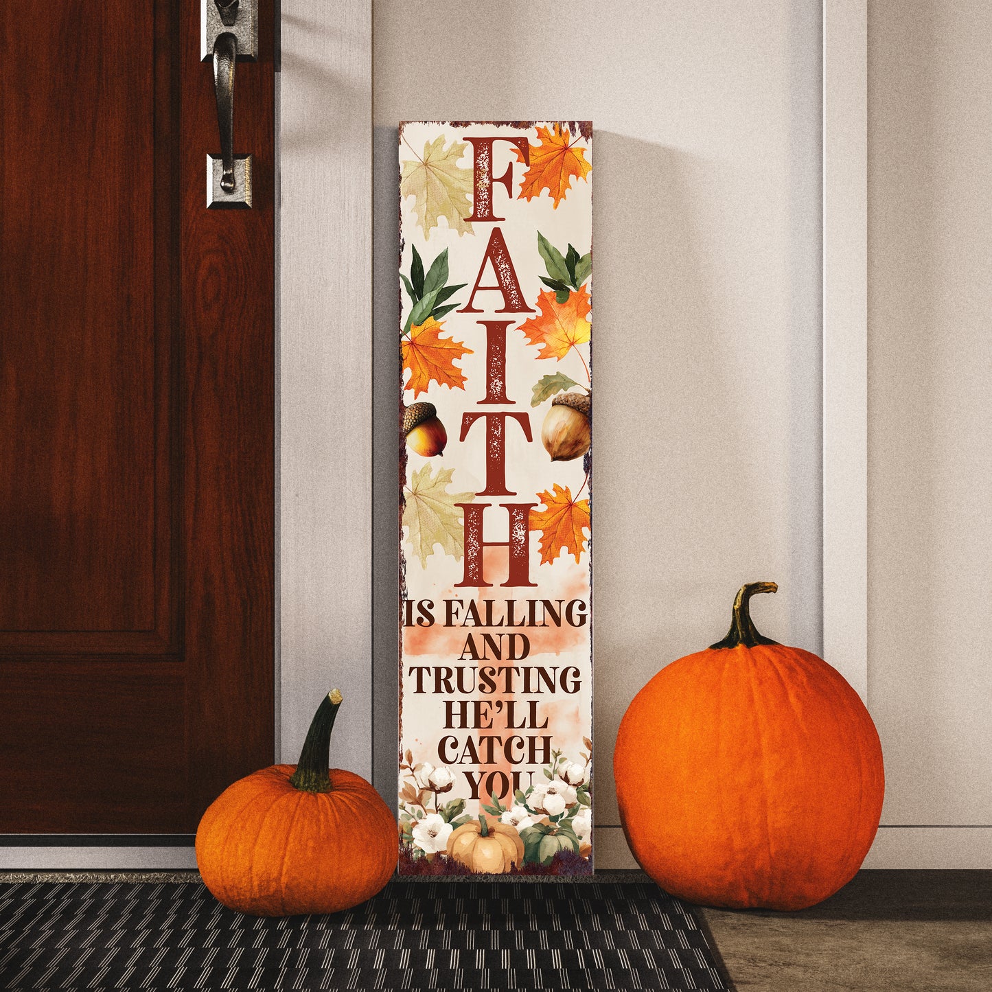 Faith Fall Porch Sign – Christian Outdoor Decor, UV Printed Vertical Wood Board, 36–72in Autumn Scripture Display