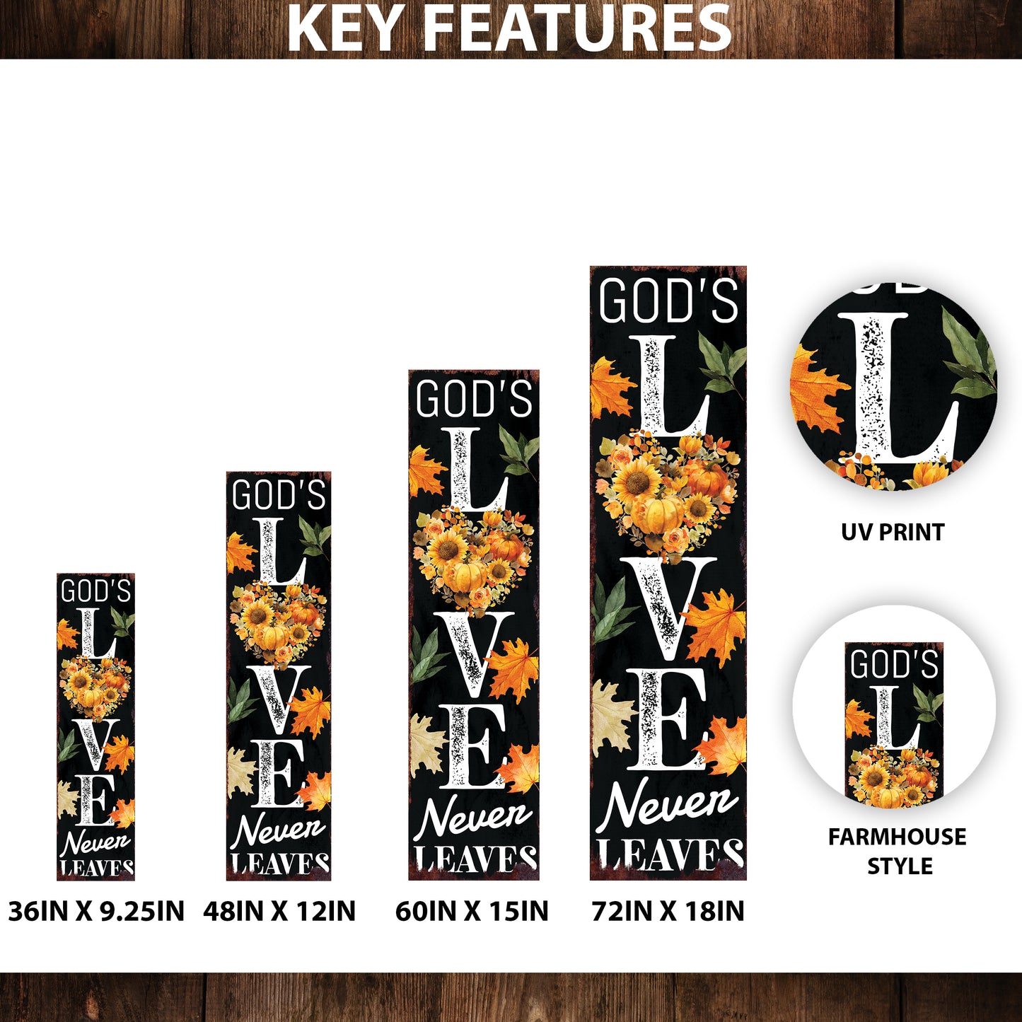 God’s Love Never Leaves Fall Porch Sign – Vertical Wood Religious Decor, UV Printed, 36–72in Sizes for Outdoor Display