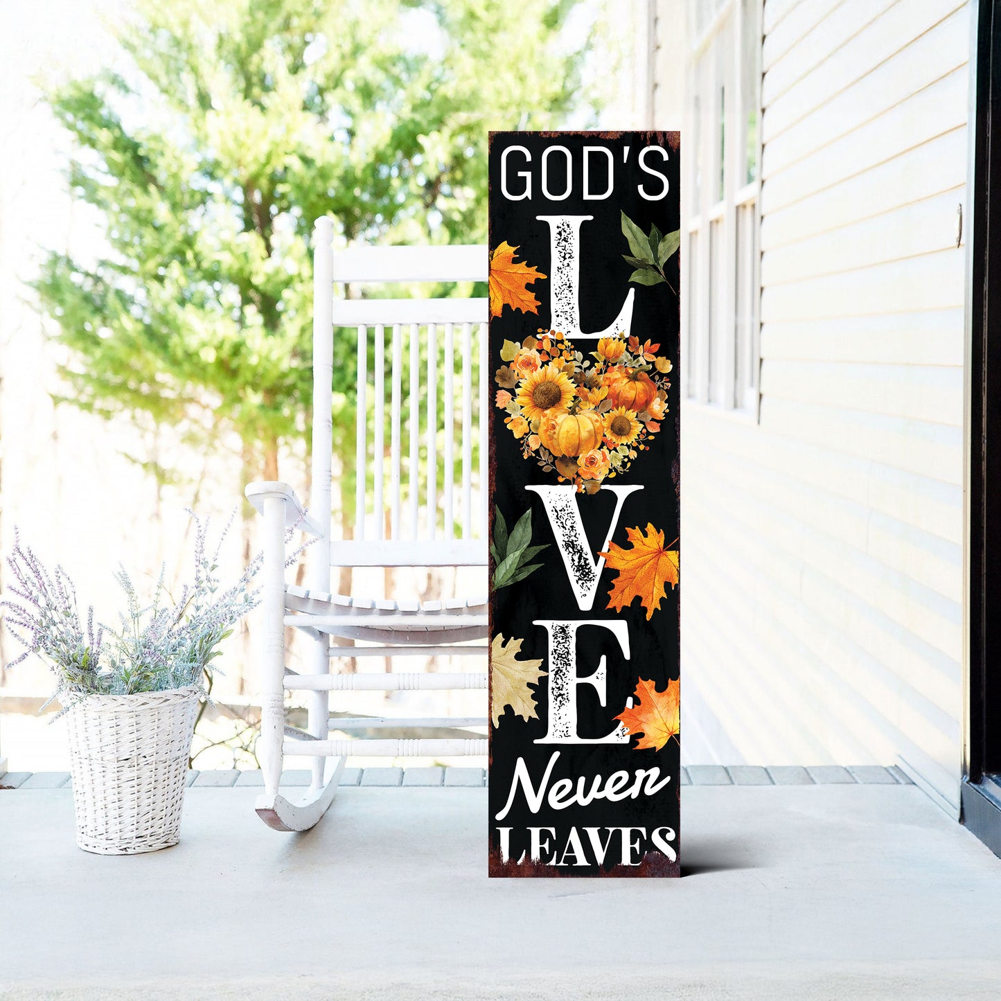 God’s Love Never Leaves Fall Porch Sign – Vertical Wood Religious Decor, UV Printed, 36–72in Sizes for Outdoor Display